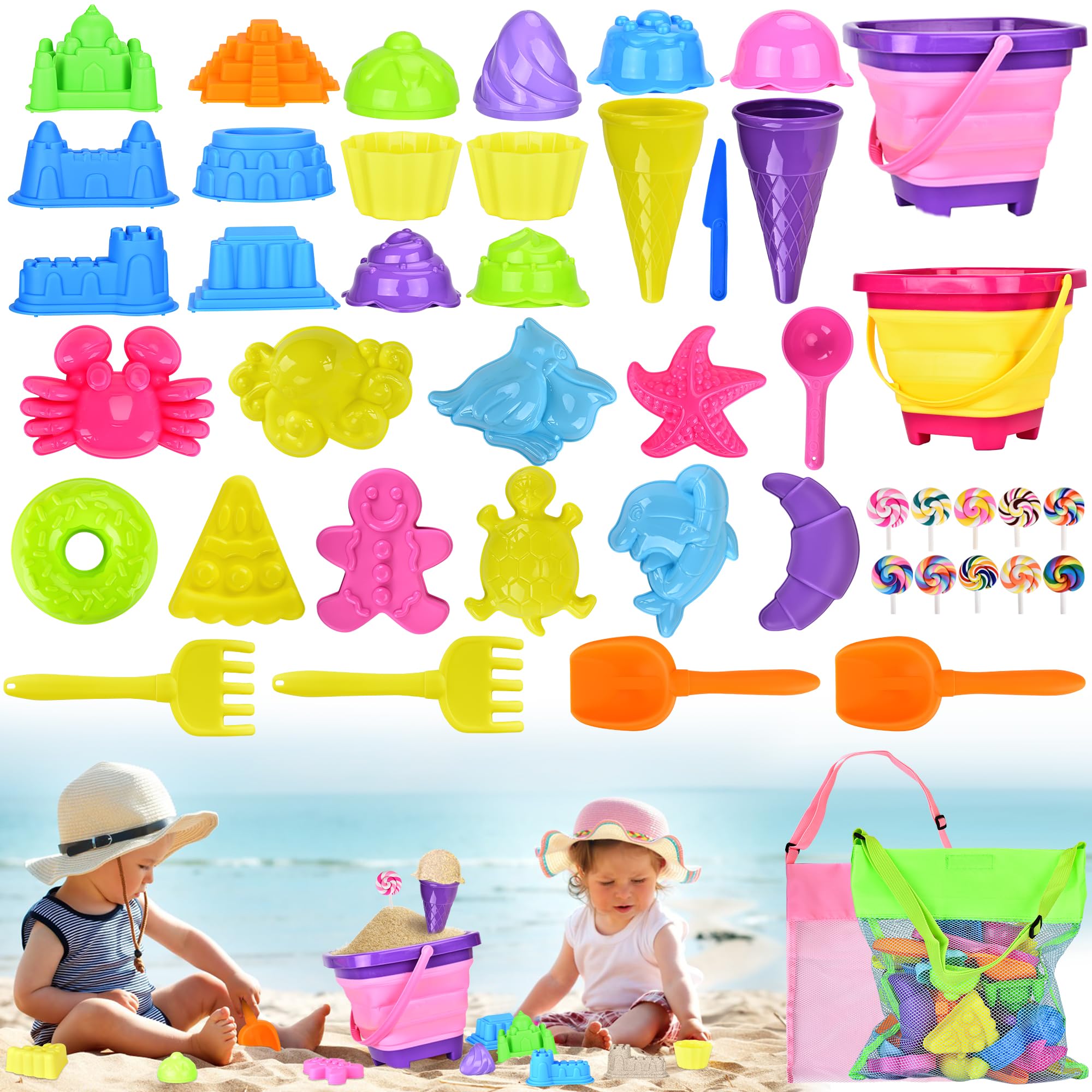 COZCLAM Juguetes Playa, 46 Piezas Juguetes Playa Niños | Castillo | Postre | Criaturas Acuáticas Moldes Arena, Cubo De Playa Plegable, Bolsa De Malla De Arena, Kit Playa Niños para Chico Niña