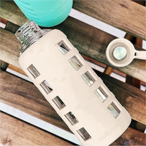 Miniatura 7 de purifyou Botella de agua de vidrio de borosilicato de 40 onzas, 32 onzas, 22 onzas, 12 onzas, con marcadores de tiempo y volumen, funda de silicona,