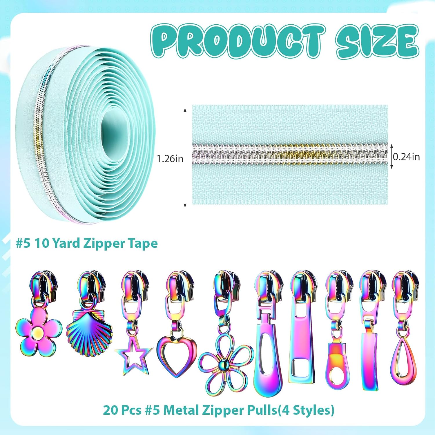 Zeyune #5 Rainbow Zipper Tape by the Yard 10 Yards Rainbow Teeth Nylon Zipper with 20 Pcs Colorful Metal Slider Pulls (10 Styles) for DIY Sewing Tailor Crafts (Classic Style,Light Blue)