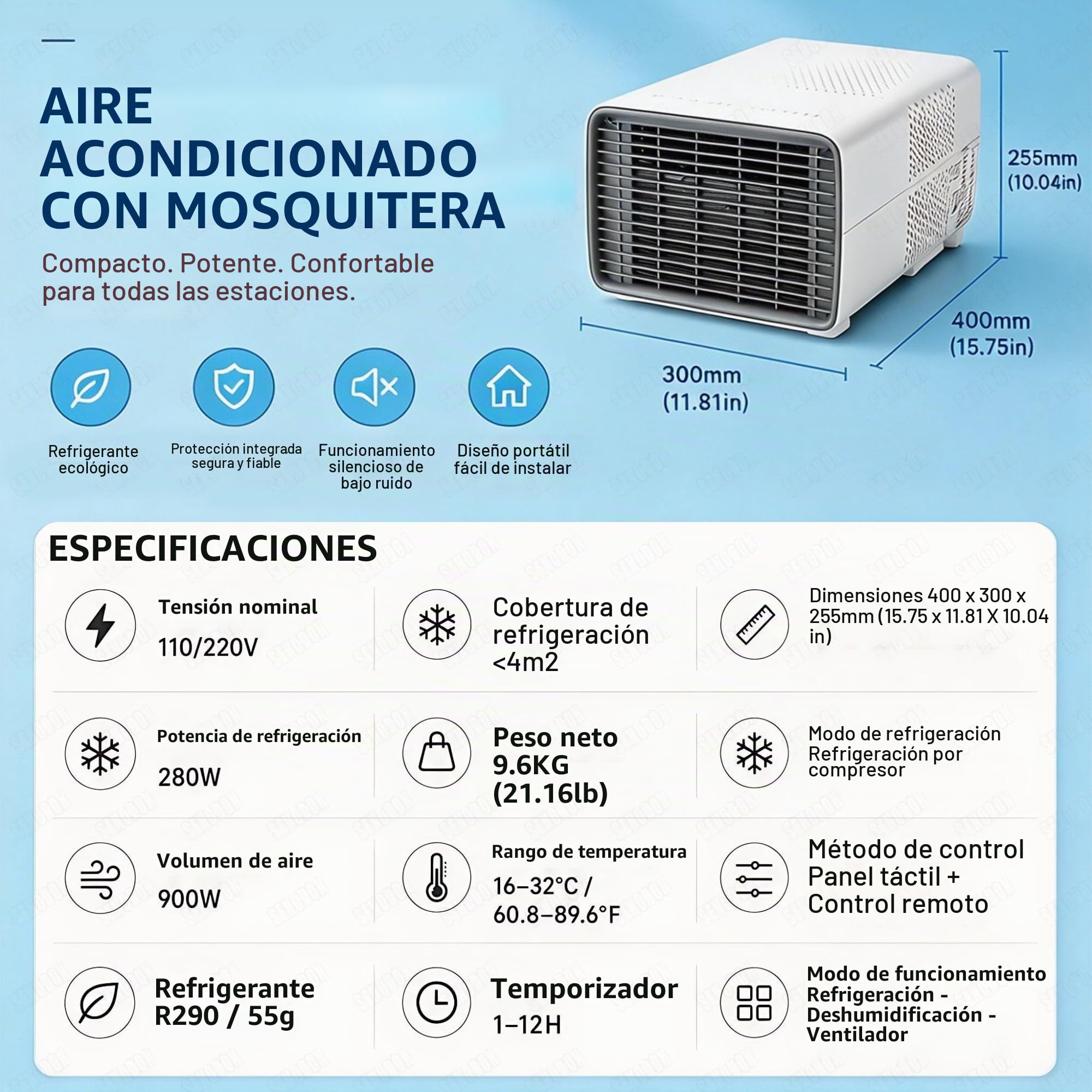 Aire Acondicionado de Camping Portátil, Compresor Real 2700 BTU para Tienda de Campaña y Furgoneta Camper, Enfriador de Aire Compacto 3 en 1, Bajo Consumo 280W para Batería Externa