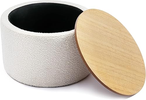 Miniatura 9 de Zibeths Otomana de almacenamiento, otomana con almacenamiento para sala de estar, reposapiés Farbic Beige Boucle, mesa auxiliar con tapa de madera,