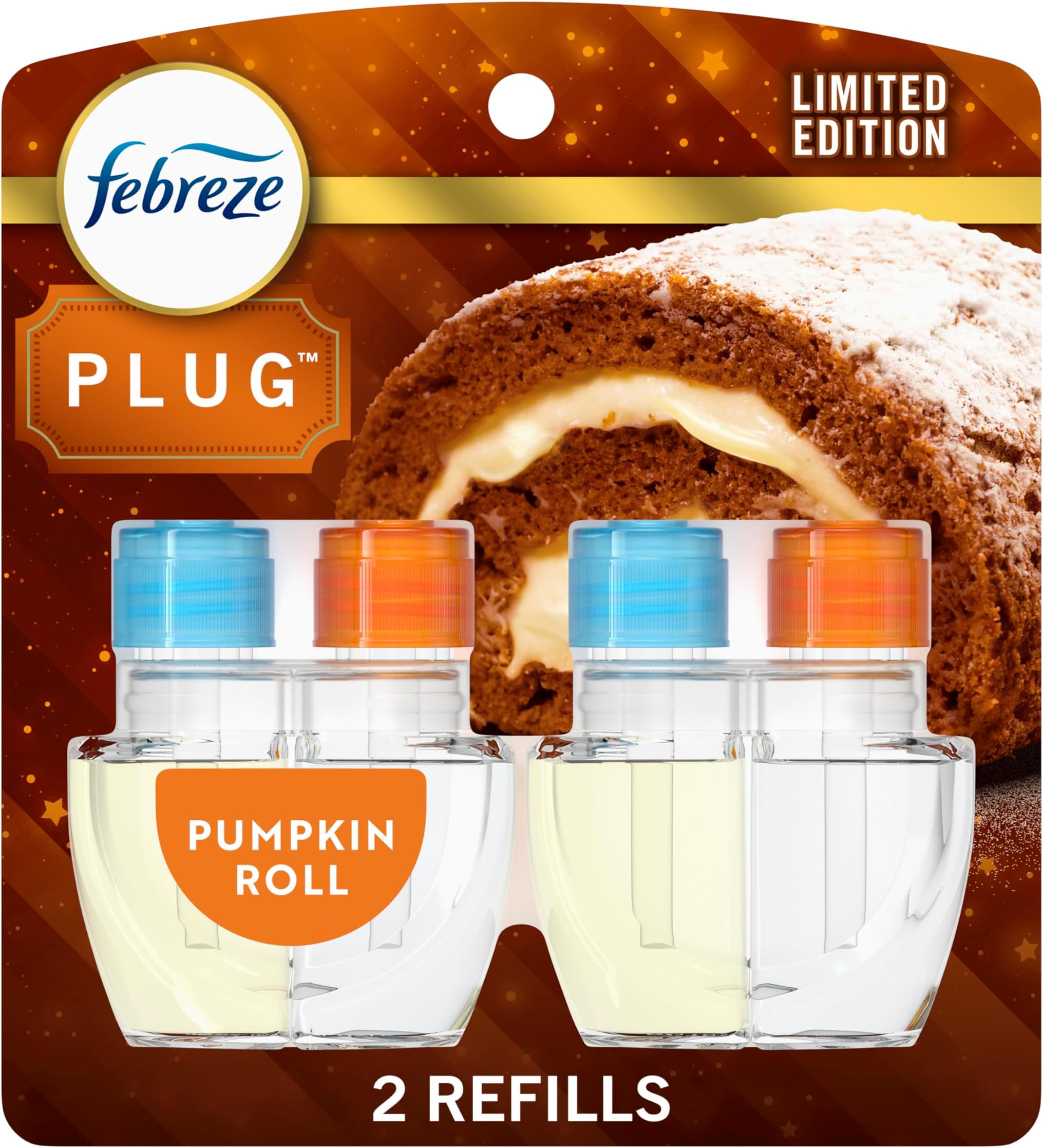 Febreze Plug In Air Freshener, Odor-Fighting Scented Oil Refill, Air Fresheners for Home and Bathroom and Kitchen, Long Lasting for Strong Odors, Pumpkin Roll Scent, 0.87oz Refills, 2 Count