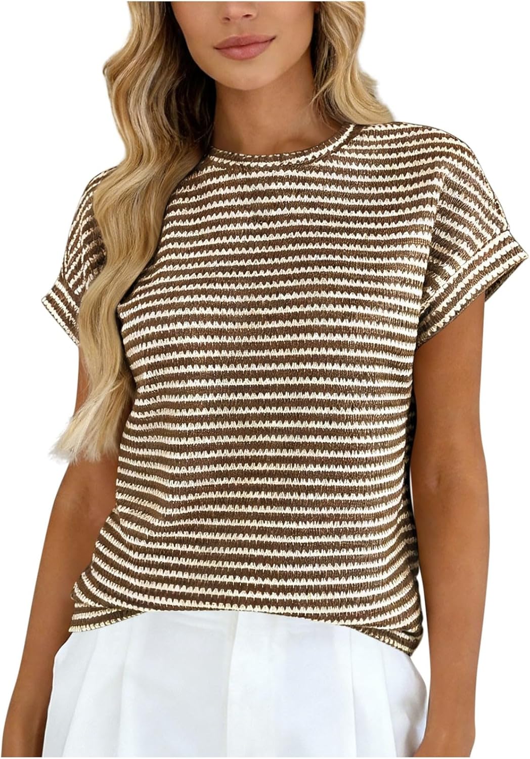 Striped Knit Blouses for Women Crew Neck Short Sleeve Pullover Tee Summer Fashion Casual Rolled Cuff Tops