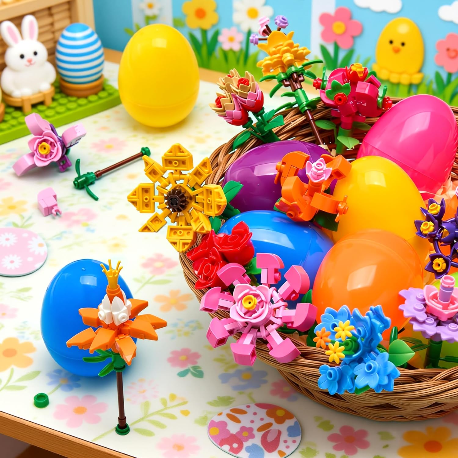 JOYIN 12 Pcs Easter Flower Building Blocks Eggs, Prefilled Plastic Easter Eggs with Building Brick Blocks for Basket Stuffers Toys, Egg Hunt for Boys Girls, Party Favors