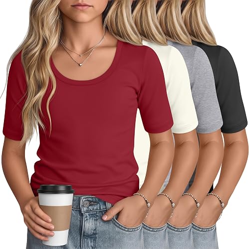 LessonZoo 4 Pack Girls' Short Sleeve T Shirts Kids Summer Scoop Neck Tops Slim F