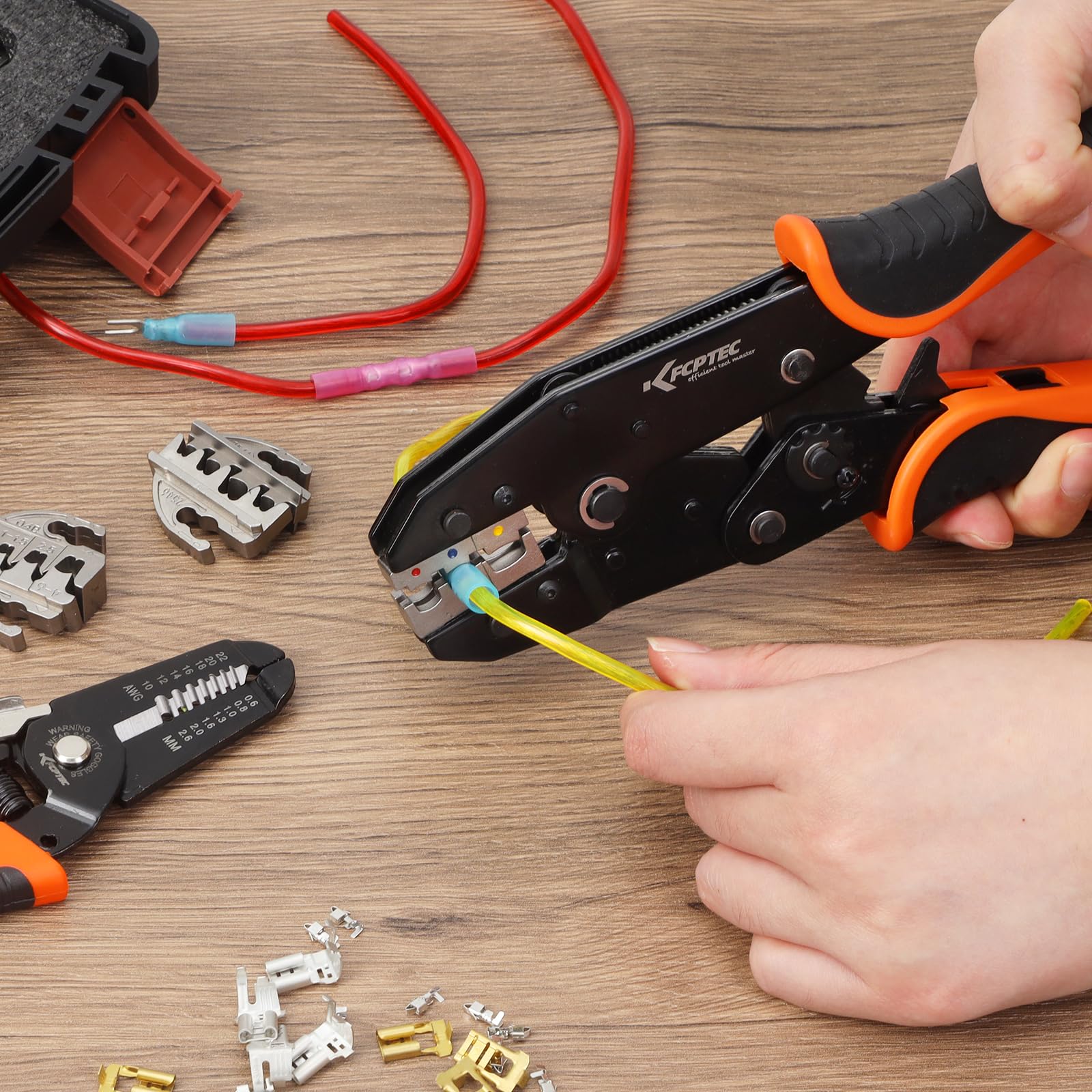 KF CPTEC Set di Pinze a Crimpare 9 PZ - Pinza Crimpatrice per terminali a filo - Strumento di Crimpatura intercambiabile per termoretraibile,connettori isolato,non isolato,ghiera,connettori cilindrici