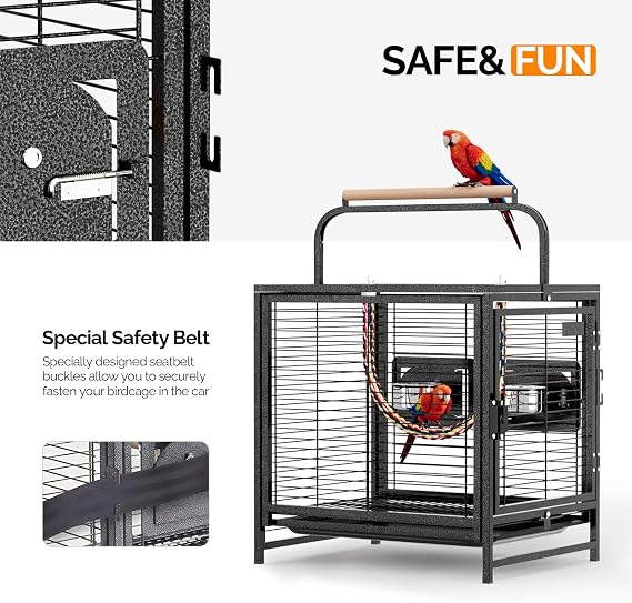VINGLI Small Bird Cage, 19 inch Travel Carrier Bird Cage with Handle, Wrought Iron Parakeet Cage with Wooden Perch for Parrot Lovebirds Finches Small/Medium Birds (Hammertone Black)