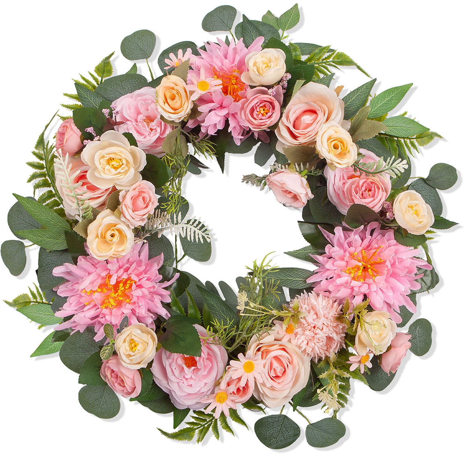 Spring Summer Wreath 45cm Artificial Flower Garland, Front Door Hanging Wreath for Wedding Festival Celebration, Home Wall Porch Patio Decor. (Pink)
