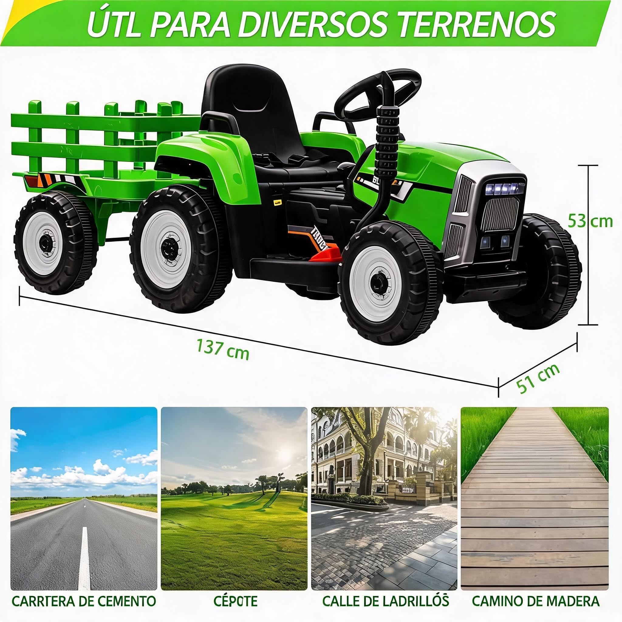 Garvee Tractor Electrico para Niños con Mando 2.4g, Remolque Desmontable,3 Velocidades Ajustable, LED, Música, Pedales, Inalámbrico,USB, Vehículo De Batería para Niños De 3 a 6 Años, Verde