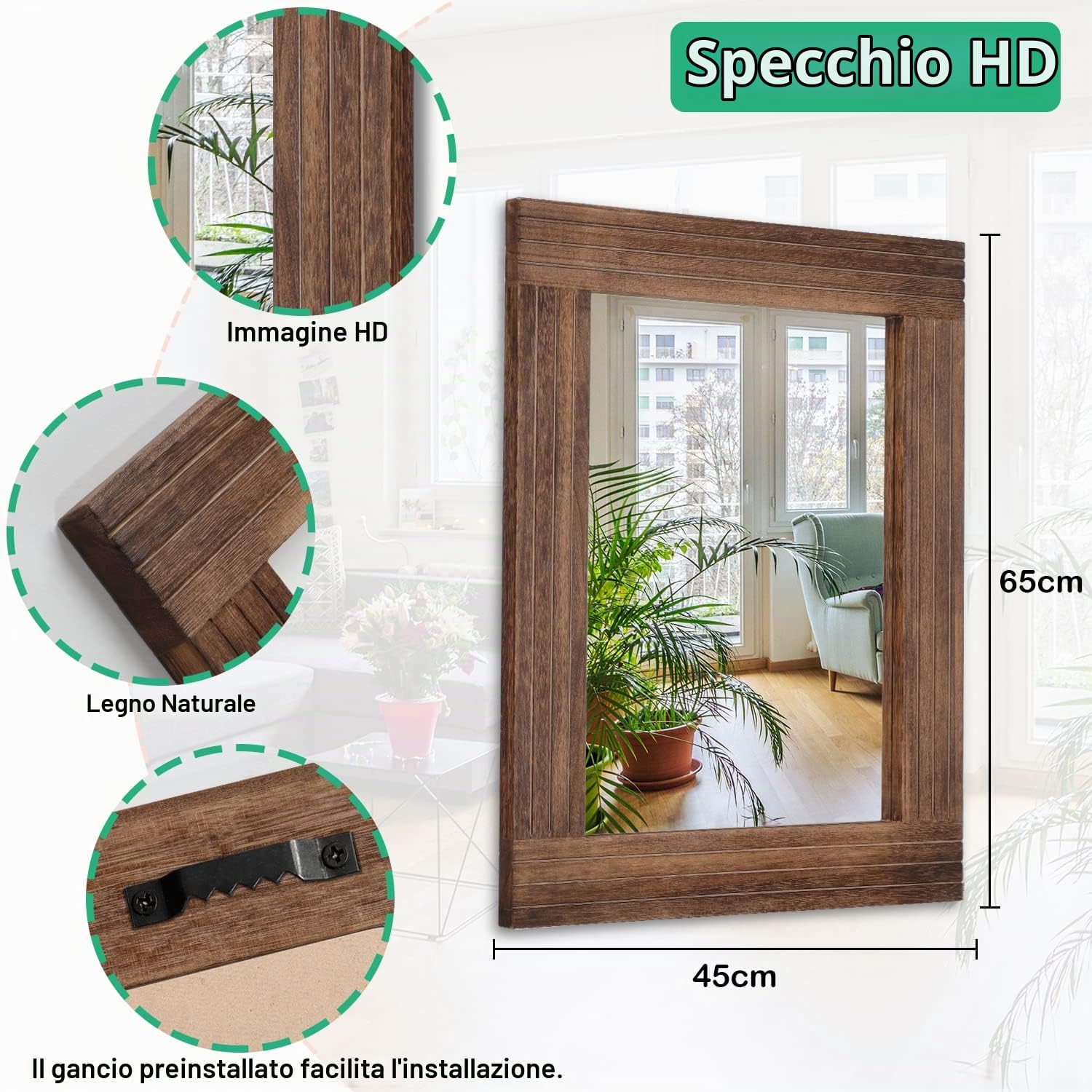 Specchio rustico rettangolare in legno con cornice a specchio da parete antico, decorazione in stile casa di campagna, camera da letto, toeletta, camera da letto, ingresso, grandi specchi