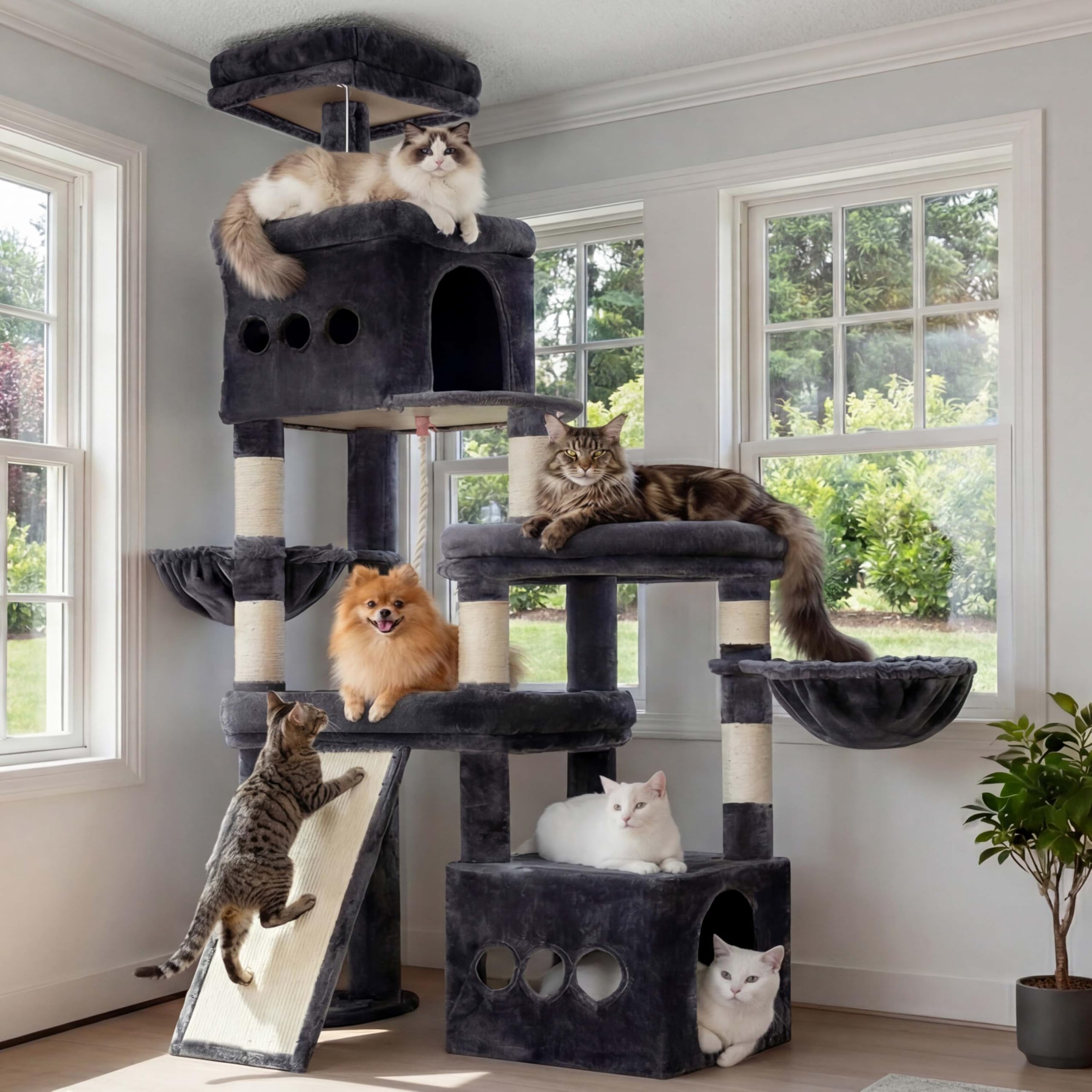 Heybly Cat Tree, 184 cm Anti-Tip Cat Tower for Large Cats, All-in-One Cat Furniture with Spacious Perches, Multiple Interactive Areas, Extra-Large Sisal Scratching Board, Smoky Gray HCT060G