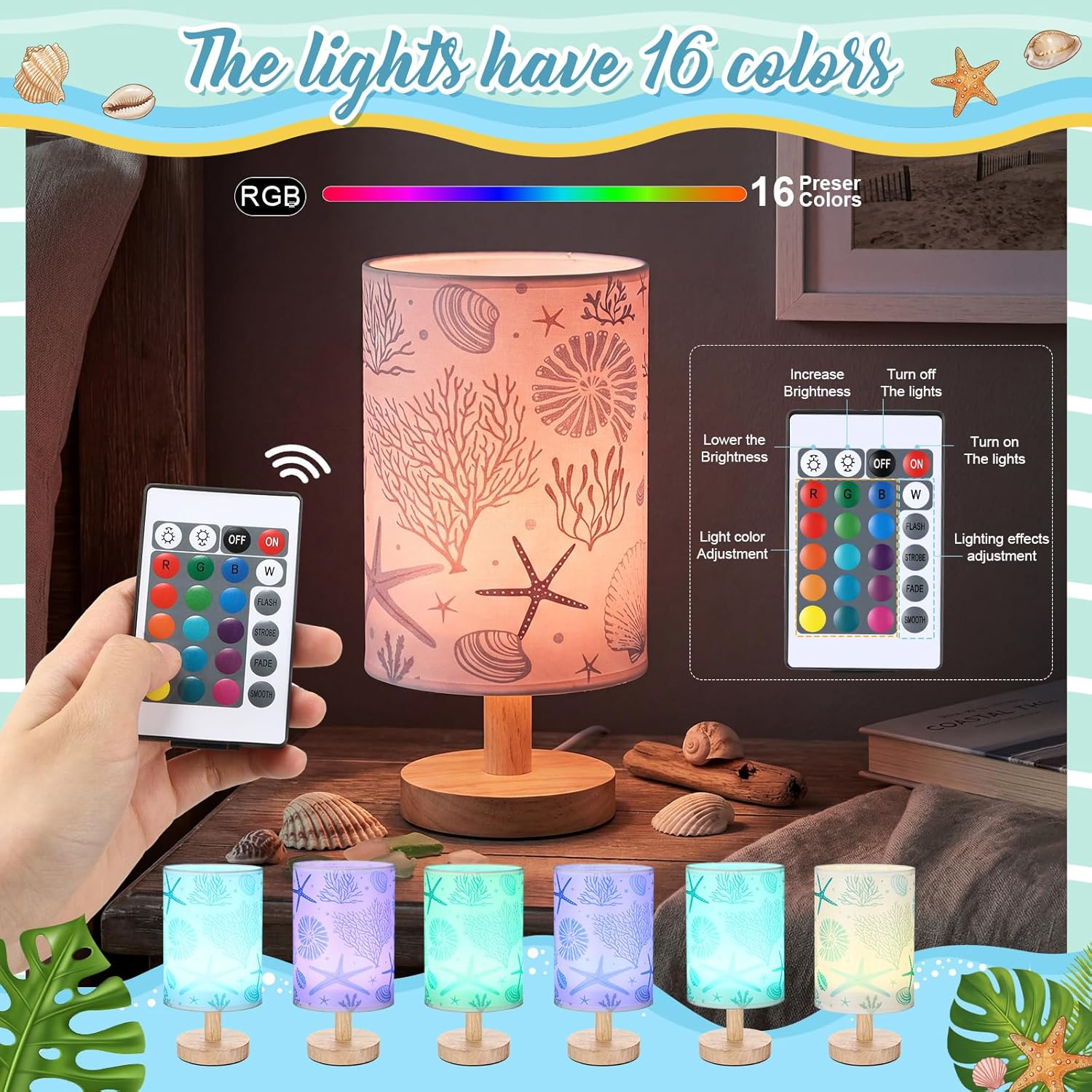 VIHOSE Ocean Table Lamp Beach Starfish Seashell Blue Night Light with Wood Base, 16 Color Dimmable Led, Fabric Shade Bedside Desk Lamp for Living Room Bedroom Home Decor Office Birthday Gifts