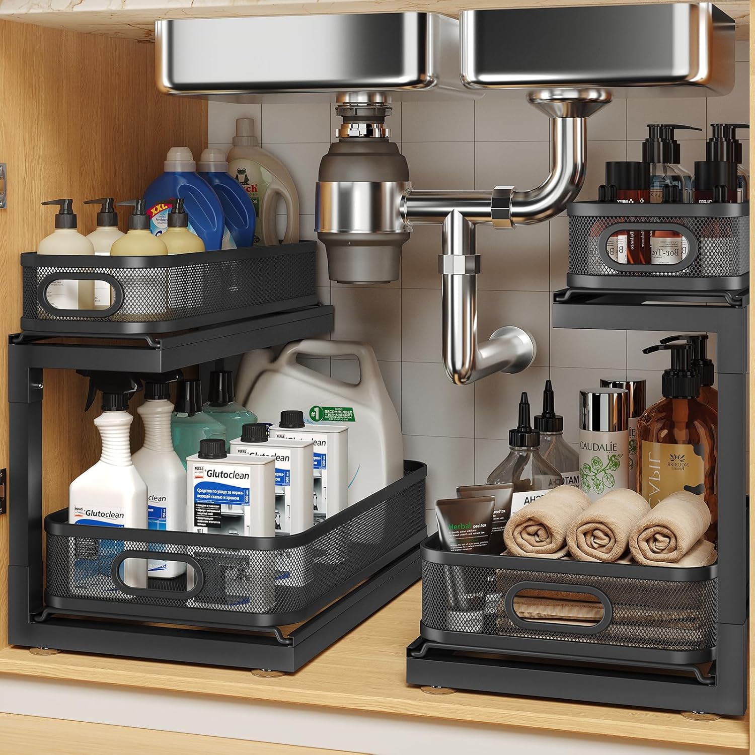 2-Pack Under Sink Storage Organizer with 2-Tier Slide Out Drawer, Sophisticated Mesh Pull Out Shelf for Kitchen & Bathroom, Fits Small Items, Upgraded Arched Track for Smooth Gliding-Black 2 Pack-14.4"-15" H Black