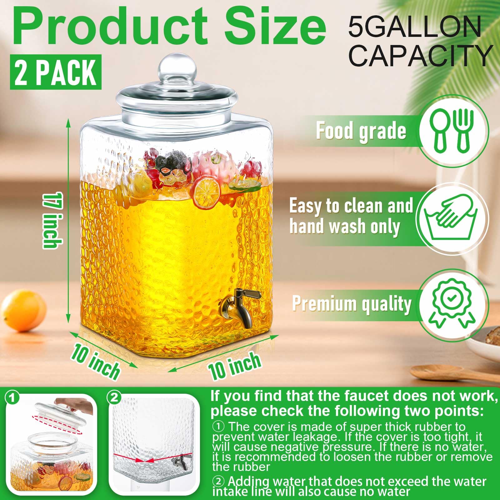 Paquete de 2 dispensadores de agua de vidrio de 5 galones, dispensador de bebidas de vidrio martillado, dispensador de bebidas con espiga de acero inoxidable para fiestas, bodas, limonada, té