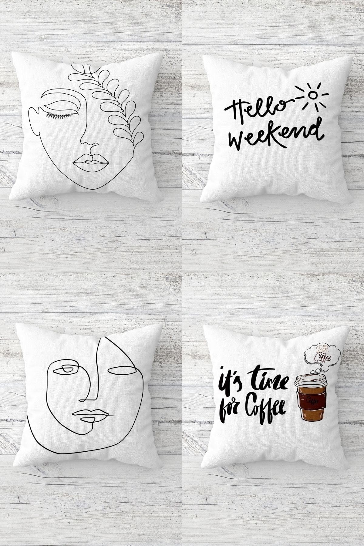 Pelangi Line Art Hello Weekend Coffee Time Gizli Fermuarlı Kırlent Kılıfı Koltuk Yastık Kılıfı Takım(4adet), Beyaz-Siyah-Kahverengi 45 x 45
