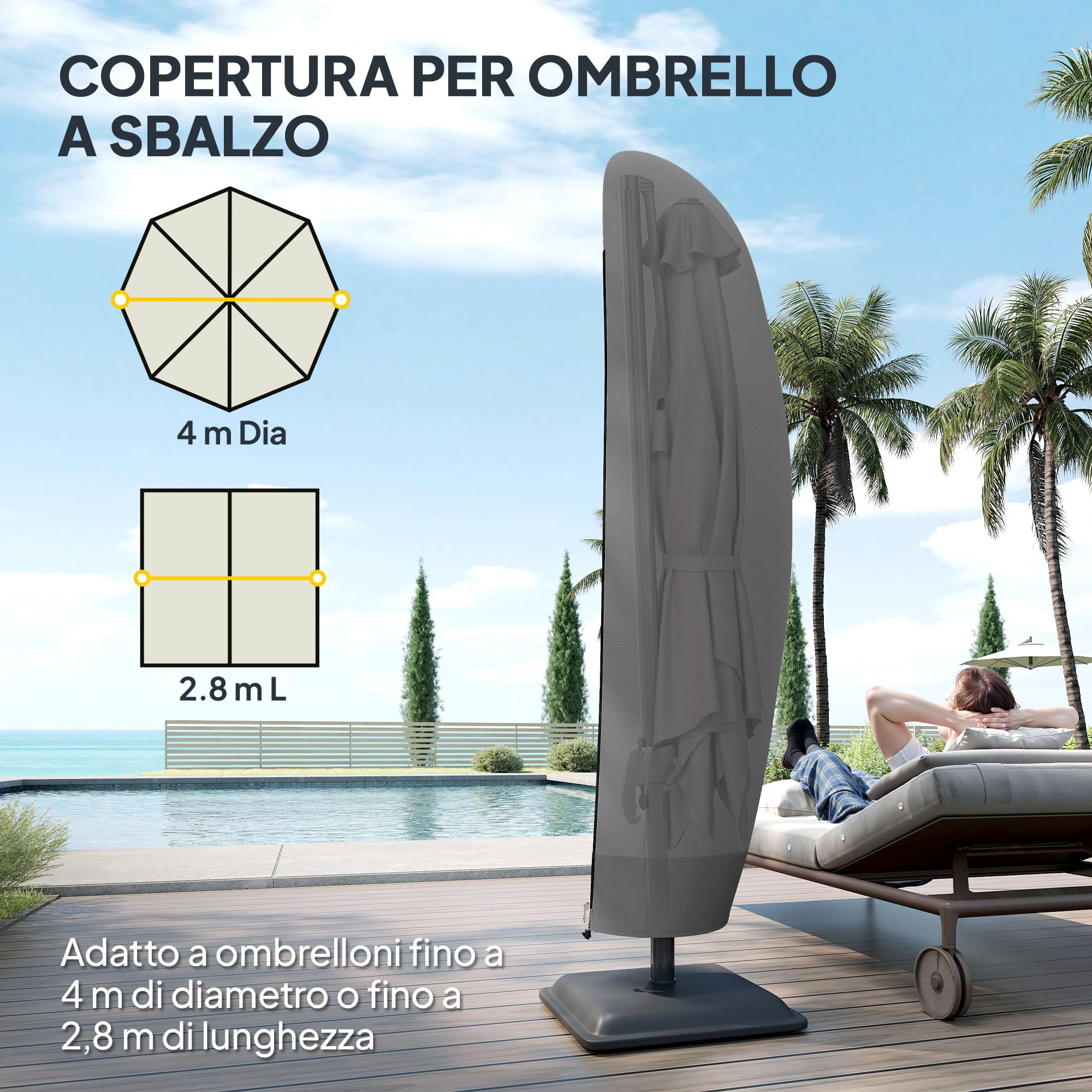 Outsunny Copri Ombrellone da Giardino Impermeabile, Copertura per Ombrelloni Rotondi da Ø396 cm o Quadrati da 304 cm con Cerniera e Laccio in Tessuto Oxford 600D, 220x56x56 cm, Nero