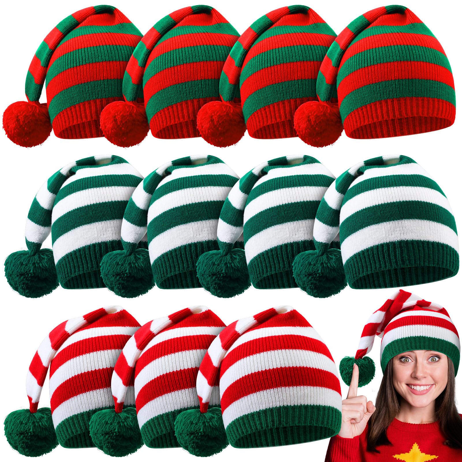 Xtinmee12 Pieces Knitted Santa Hats Adult Christmas Elf Hat Warm Crochet Winter Xmas Knit Beanie Striped Long Stocking Skull Cap with Pompom Bulk for Women Men Christmas Costume