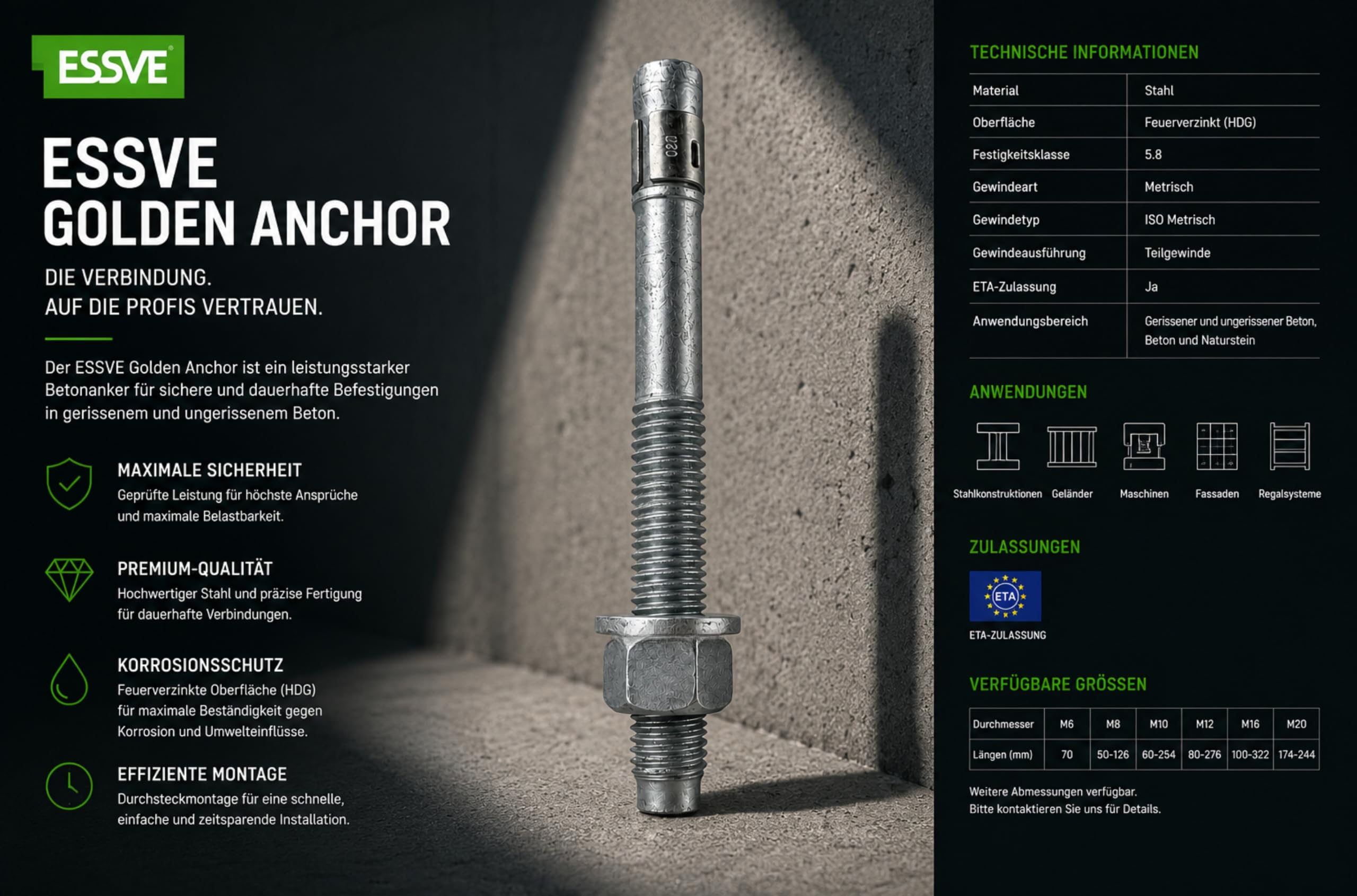 ESSVE Golden Anchor - Anclaje para resistencia pesada, galvanizado en caliente, HDG ETA, homologado, anclaje de expansión para hormigón y piedra natural (10, M16 x 322)