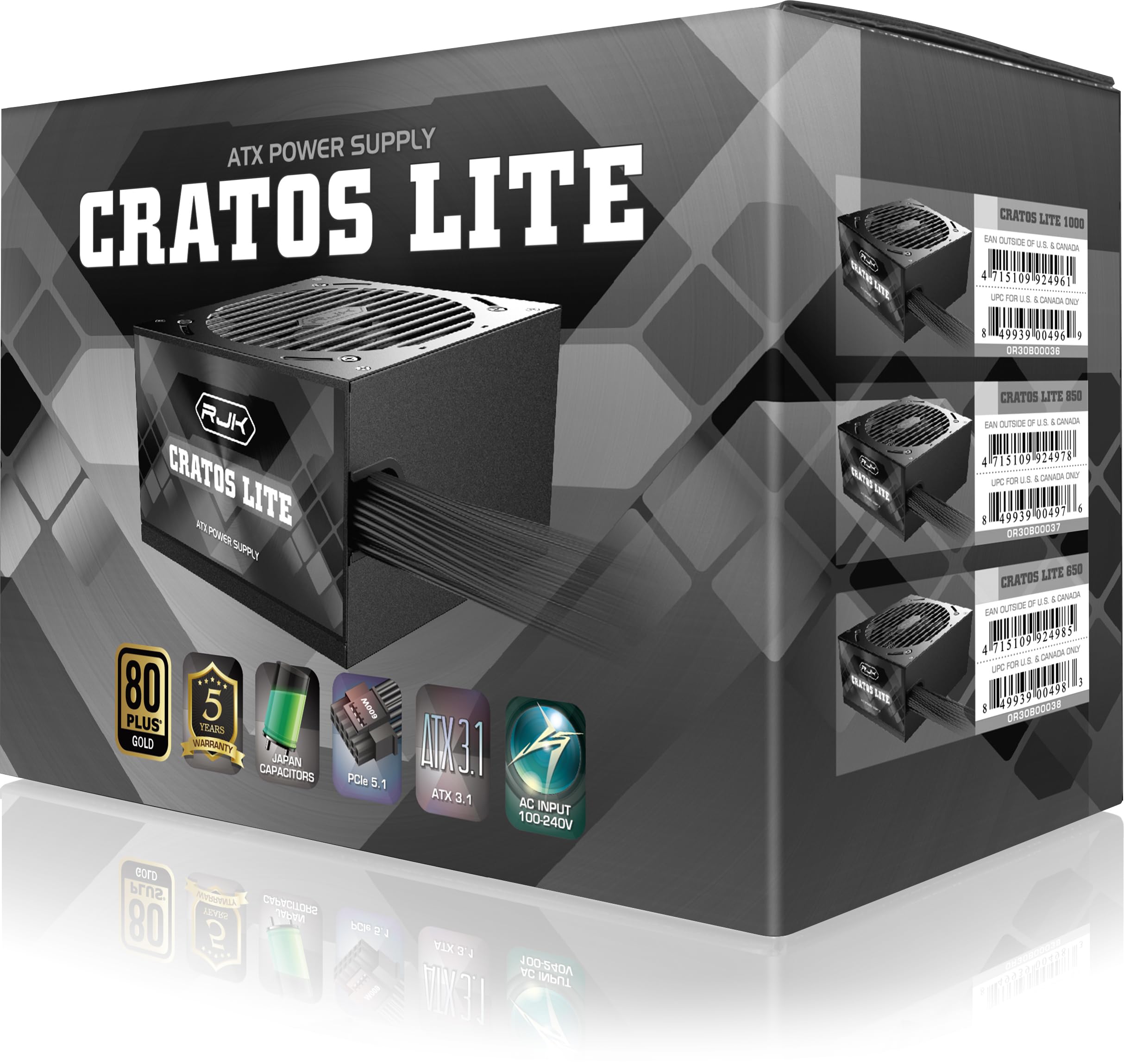 RAIJINTEK CRATOS Lite 850 W Black, 80 Plus Gold, ATX 3.1, Fuente de alimentación para PC no Modular, PCIe 5.1 Ready, Ventilador Inteligente de 120 mm, Conector de CC a CC, Conector de 12 V-2 × 6, 5