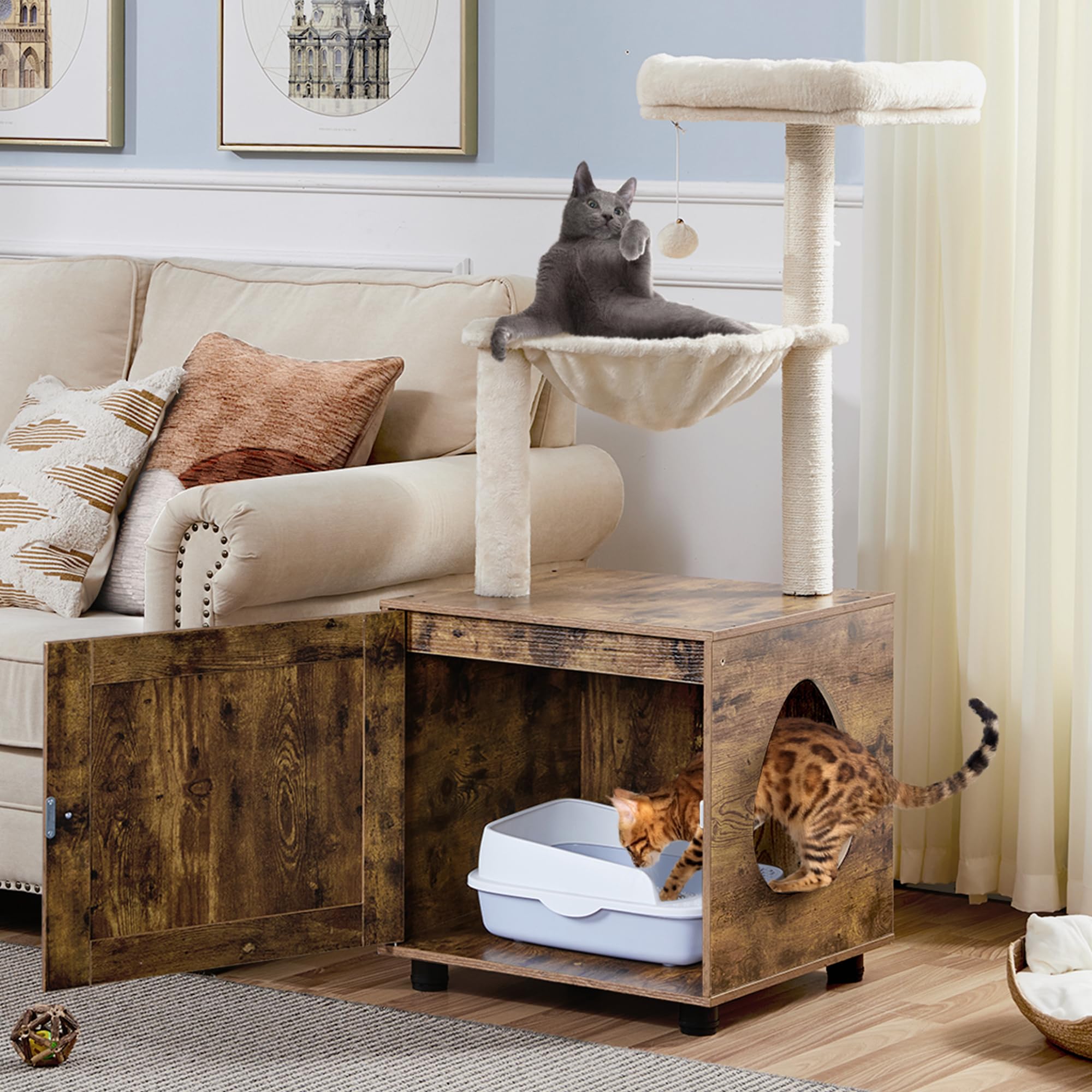 Yaheetech Árbol Rascador para Gatos con Mueble Casita de Arena 2 en 1 Altura 125 cm Marrón Rústico