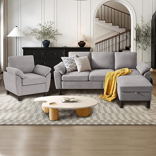 Miniatura 34 de Juego de sofá modular de 2 piezas para sala de estar, sofá convertible moderno de lino en forma de L de 79 pulgadas con otomana móvil y silla Gris