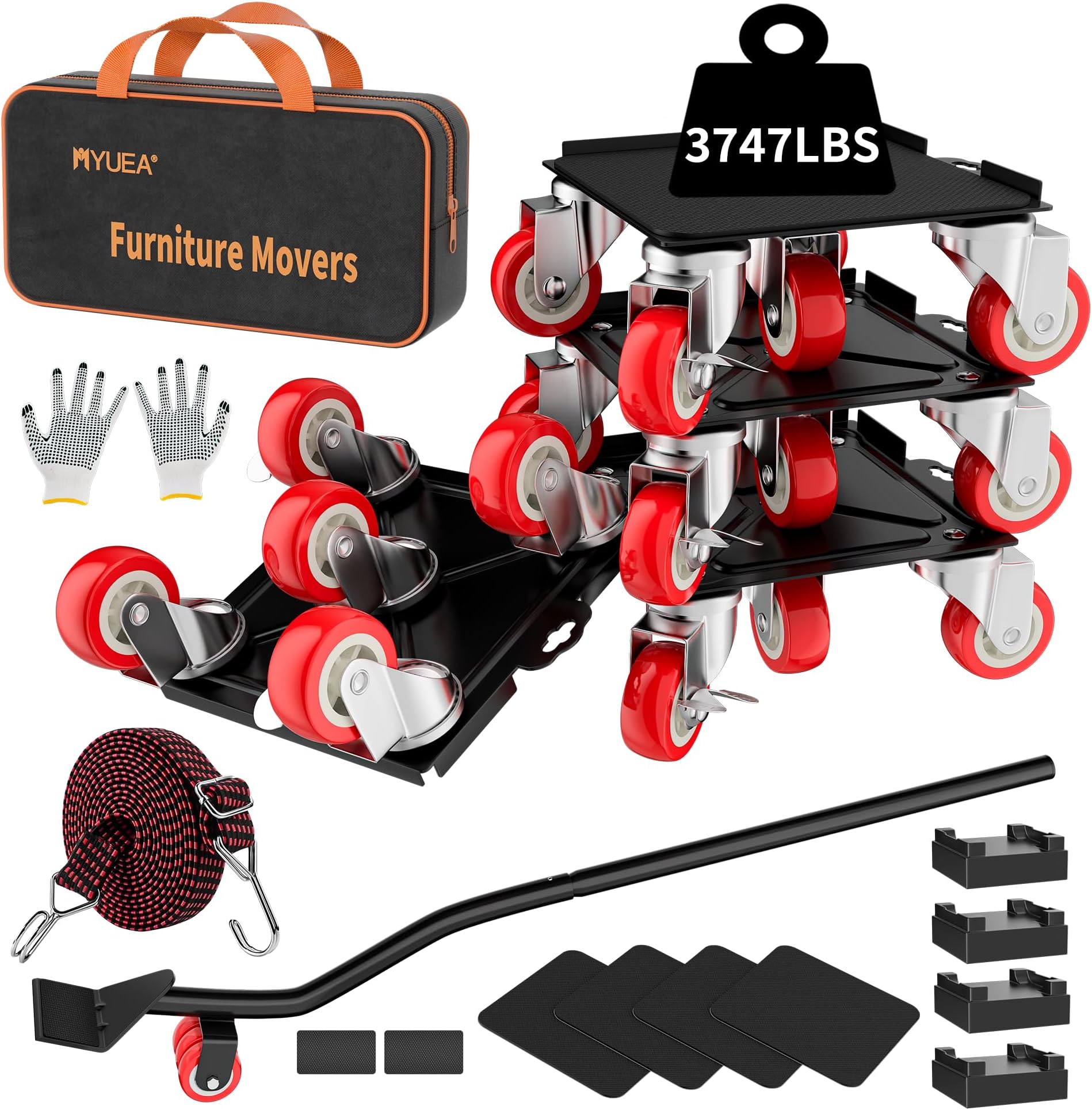 - MYUEA Furniture Dolly,Furniture Movers with 5 Wheels,Carbon Steel Panel Heavy Duty Dolly,Maximum Load 3747 LBS,Furniture Lifter with 5 360° Rotatable Rubber Universal Wheels(Black,8.26x7.87 in)