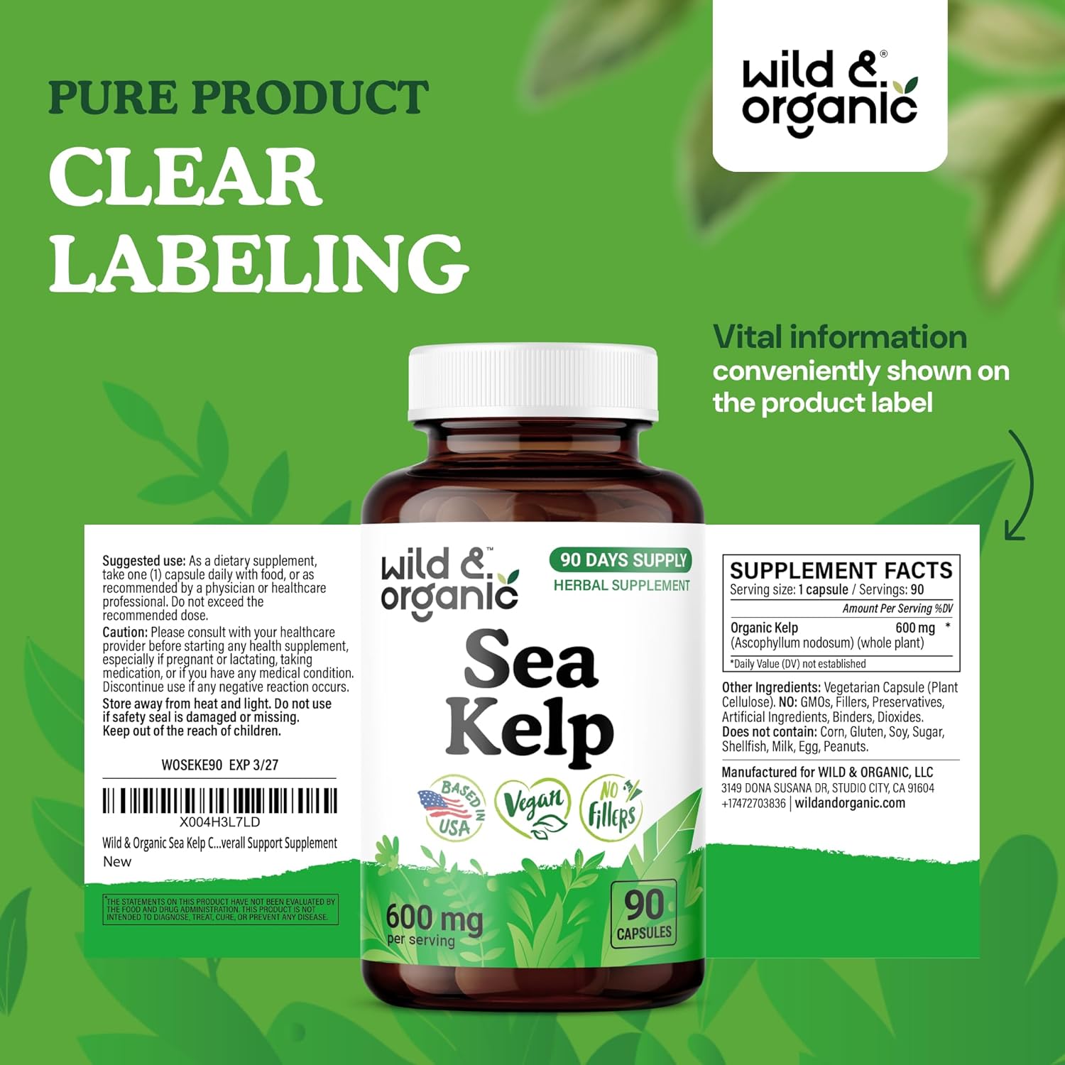Wild & Organic Sea Kelp Supplement Capsules 600 mg - Immune & Overall Support - Sea Kelp Iodine for Men & Women - Ocean Seaweed Supplement - Vegan, No Fillers, Non-GMO - 90 Count