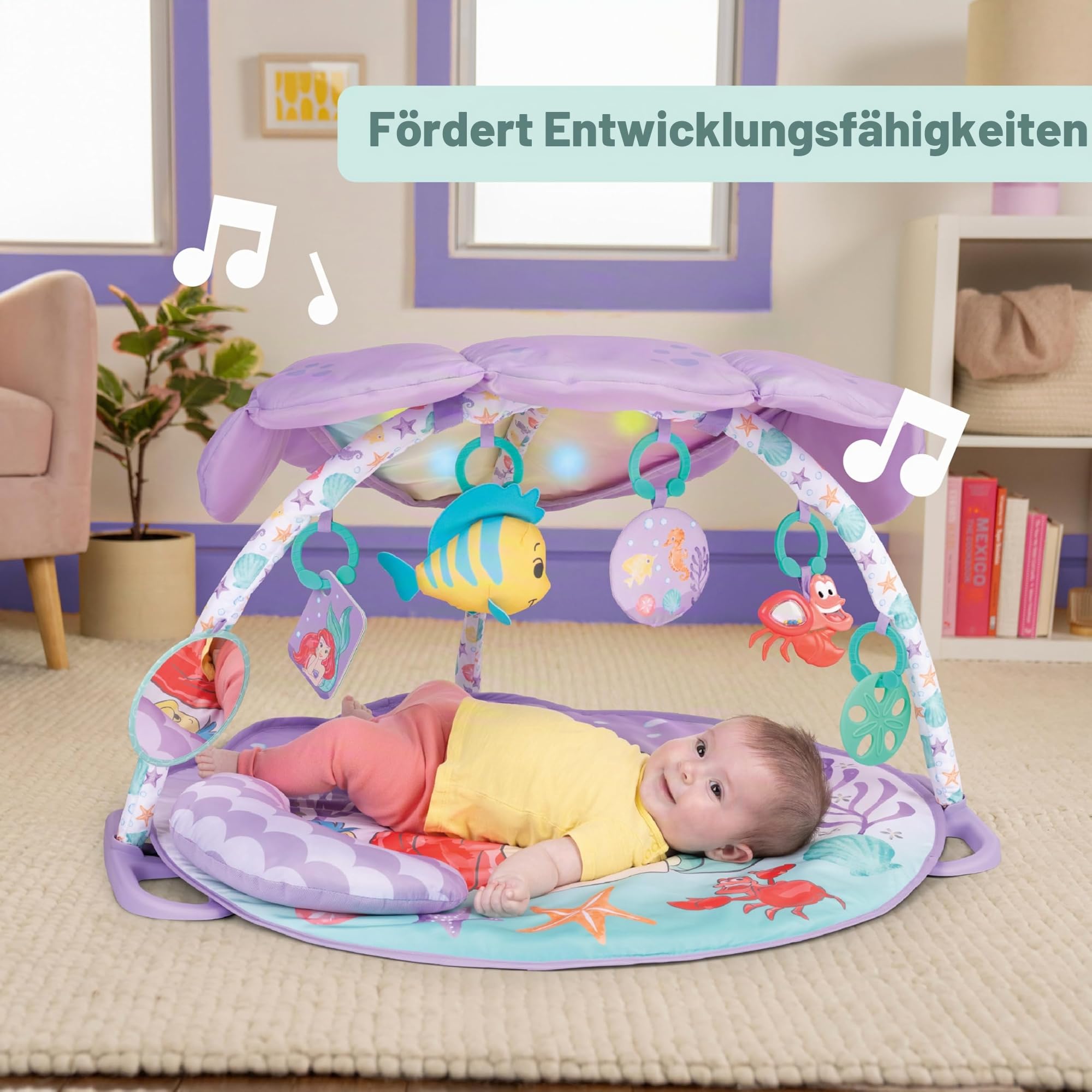 Bright Starts, Disney Baby Die kleine Meerjungfrau Twinkle Trove Spieldecke mit Spielbogen, 25 Minuten Melodien, 6 Spielzeuge enthalten, Neugeborene +