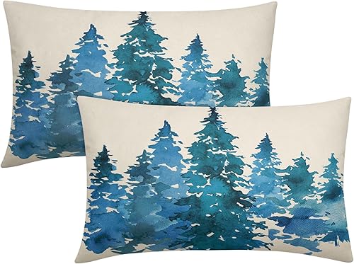 Juego de 2 fundas de almohada lumbar de árbol azul acuarela de 12 x 20 pulgadas, fundas de almohada rectangulares con temática natural de invierno y