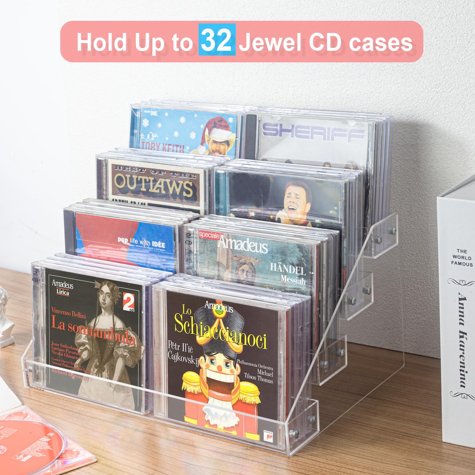 Vowcarol Organiseur de CD à 4 niveaux, support de boîtier DVD pour 32 boîtiers CD