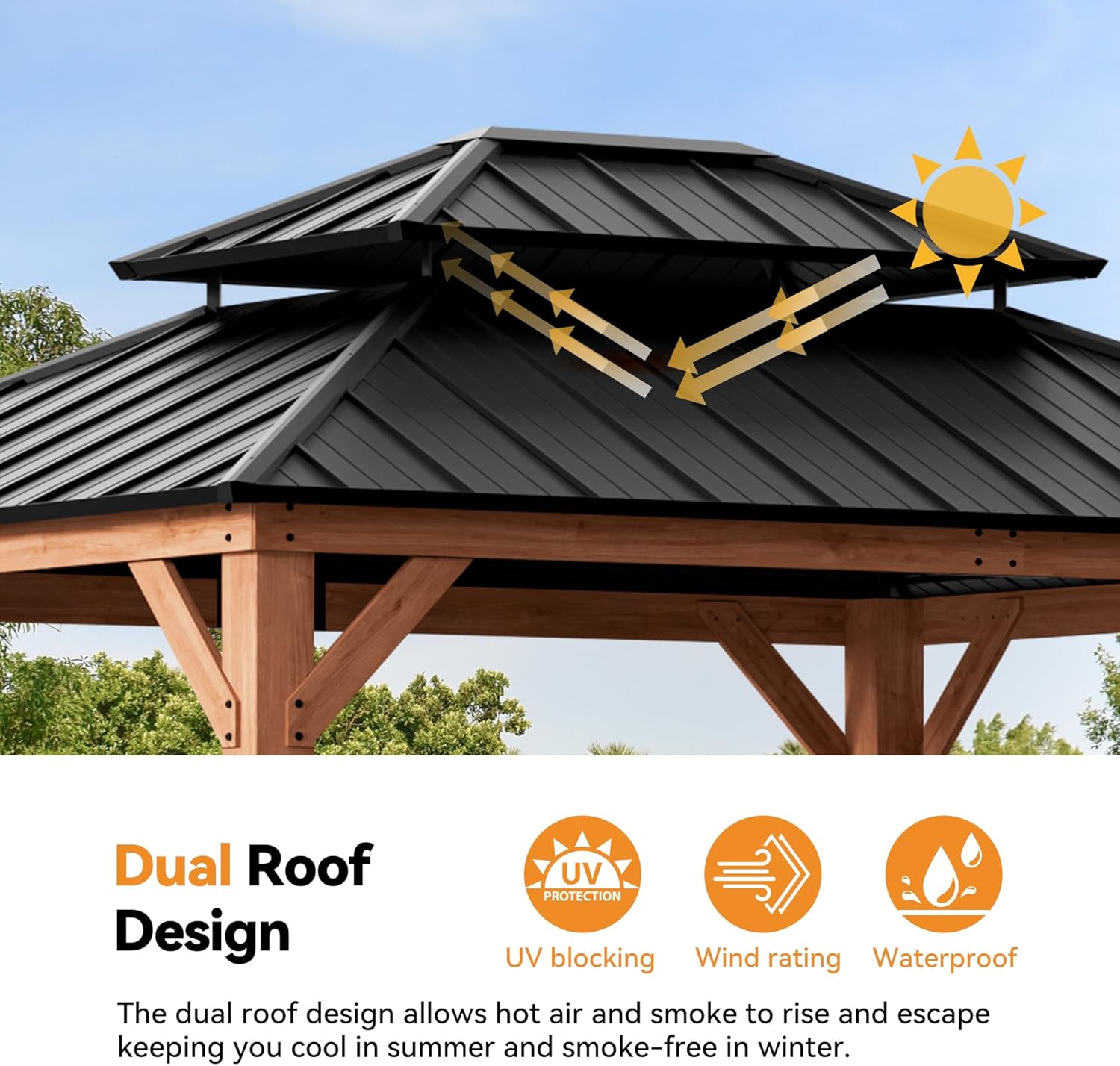 Modern Shade Rosewood Wood Gazebo 10' x 12', Permanent Hardtop Gazebo with Double Galvanized Steel Roof, Mosquito Netting and Yard-Dyed Curtains, Cedar Outdoor Gazebo with Sturdy Hooks for Backyard
