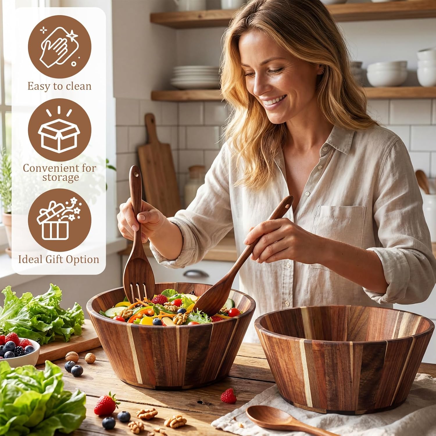 Hushee 4 pcs Gaint 12Inch Wooden Salad Bowl Set Large Round Wood Bowls with Salad Fork and Spoon Handmade Natural Acacia Wood Serving Bowls for Fruit Dining