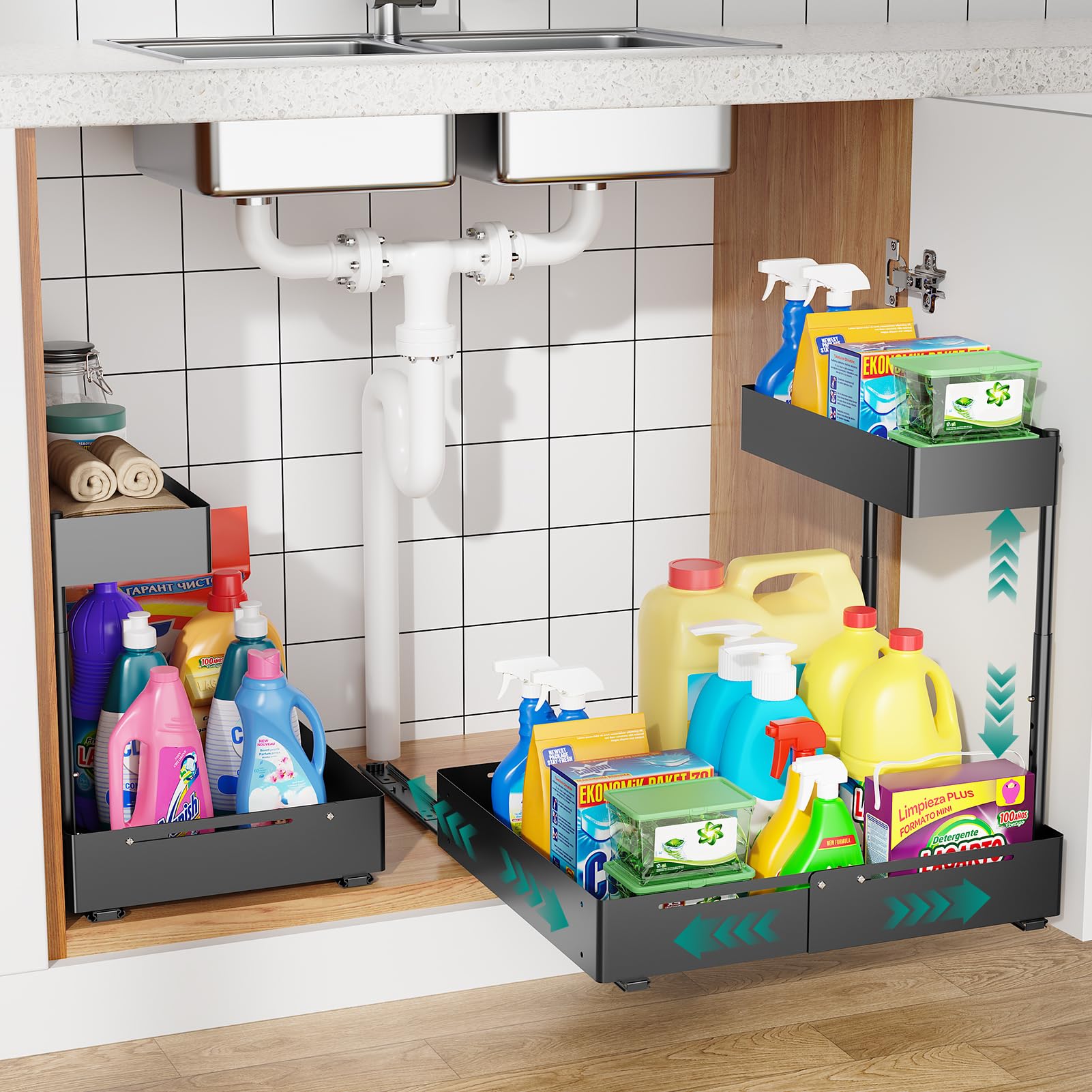 HG PLVTII Adjustable Under Sink Storage Organiser – 2 Tier Metal Cupboard Rack, Width & Height Expandable, Ball Bearing Slides Pull-Out Shelf for Kitchen, Bathroom, Laundry, Pantry (2 Pack, Black)
