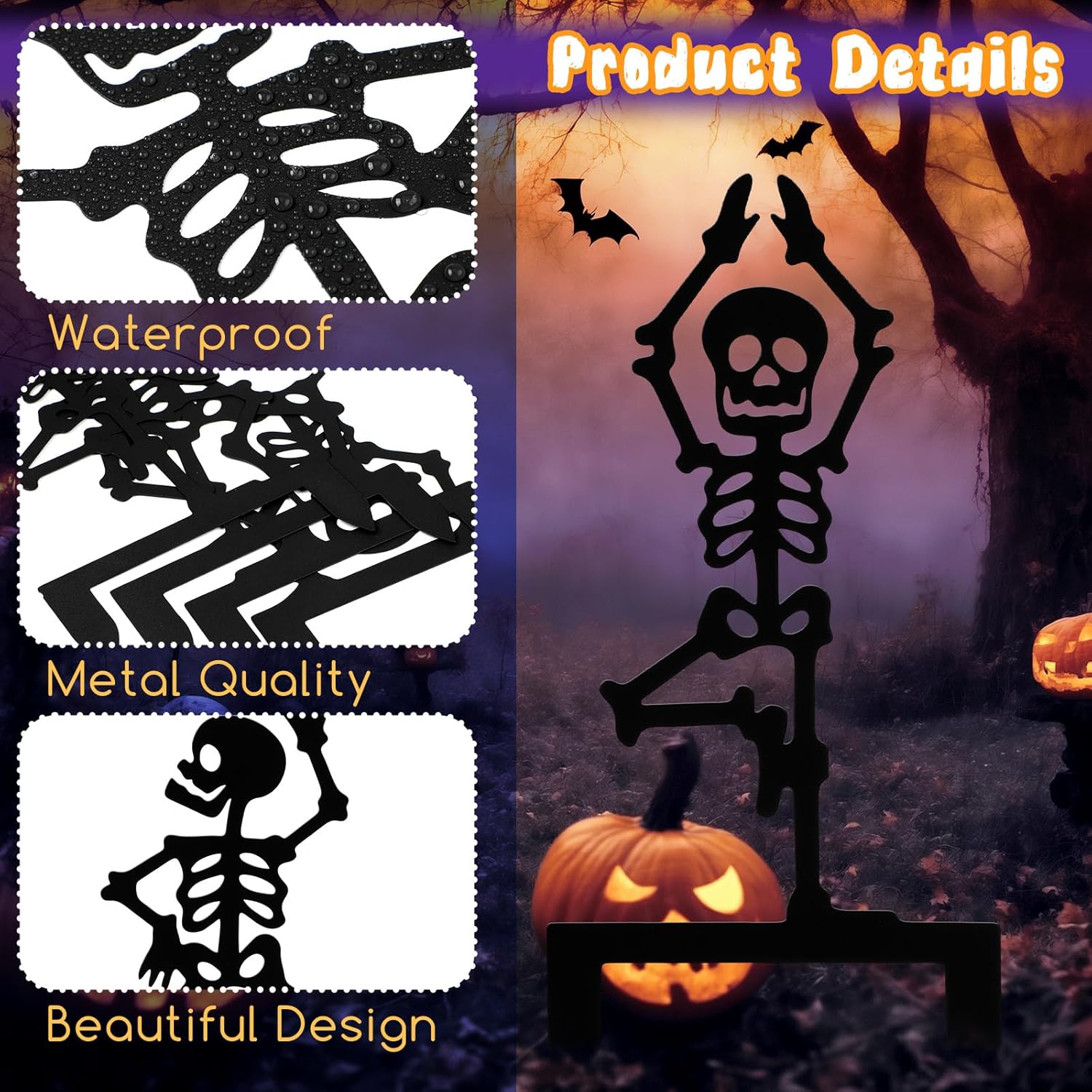 Geelin 4 Pcs Metal Halloween Yard Signs Black Skeleton Garden Metal Stakes Gothic Scary Outdoor Decorations for Trick or Treat Lawn Cemetery Decor Props, 15.75 Inches