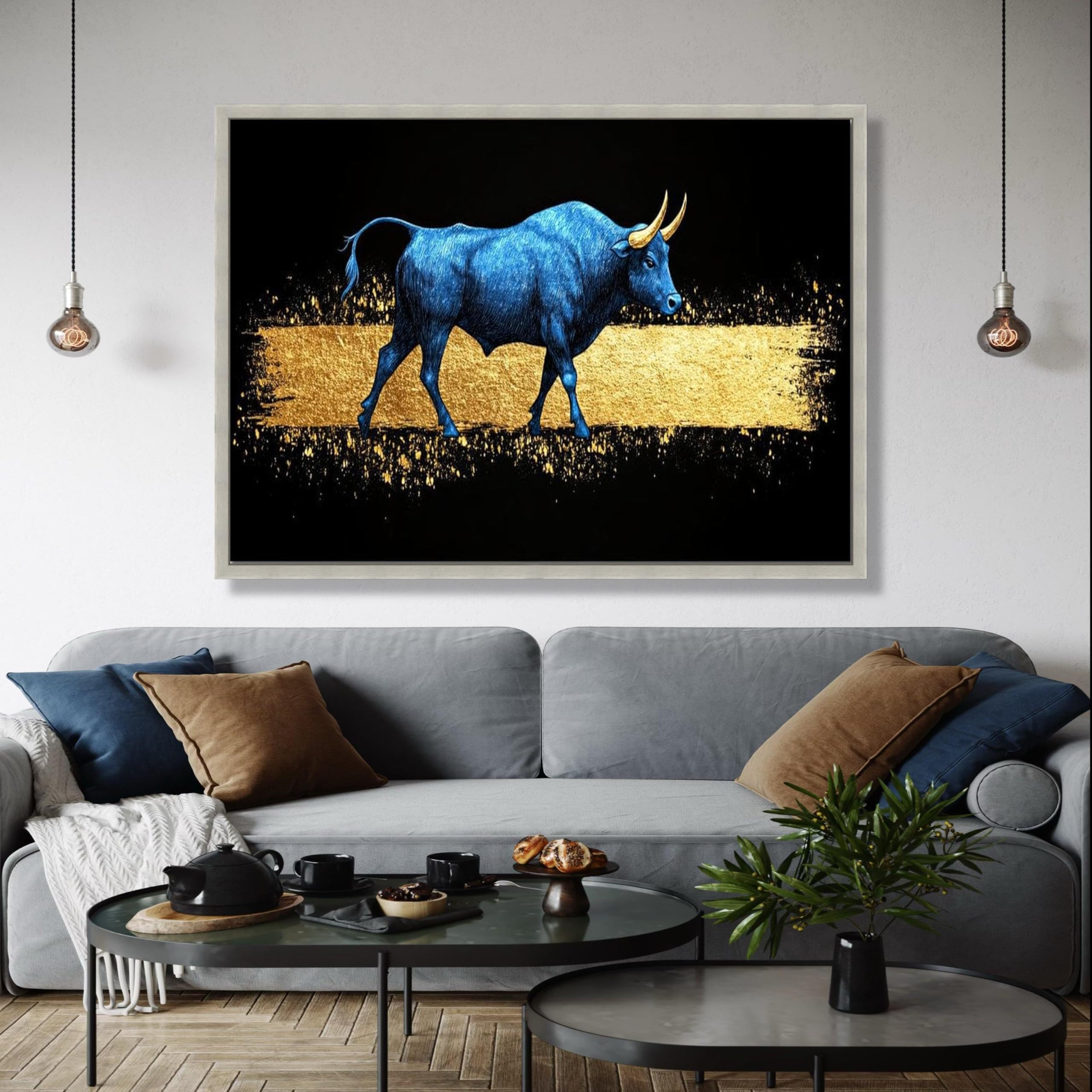 Tableau sur toile Taureau bleu et doré 60x90 cm pour salon - 8