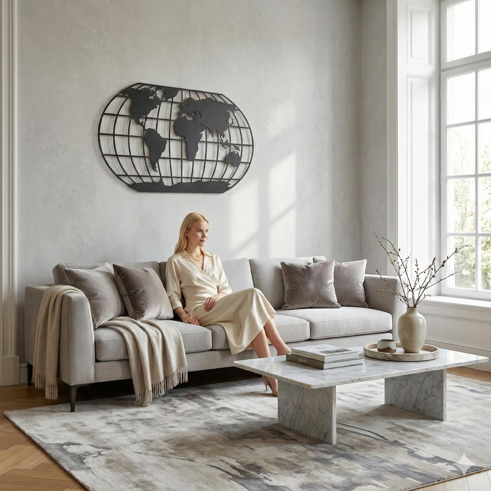 Dekadron Décoration murale en métal, carte du monde avec méridiens, décoration pour salon ou bureau, art mural en métal (100x51cm)