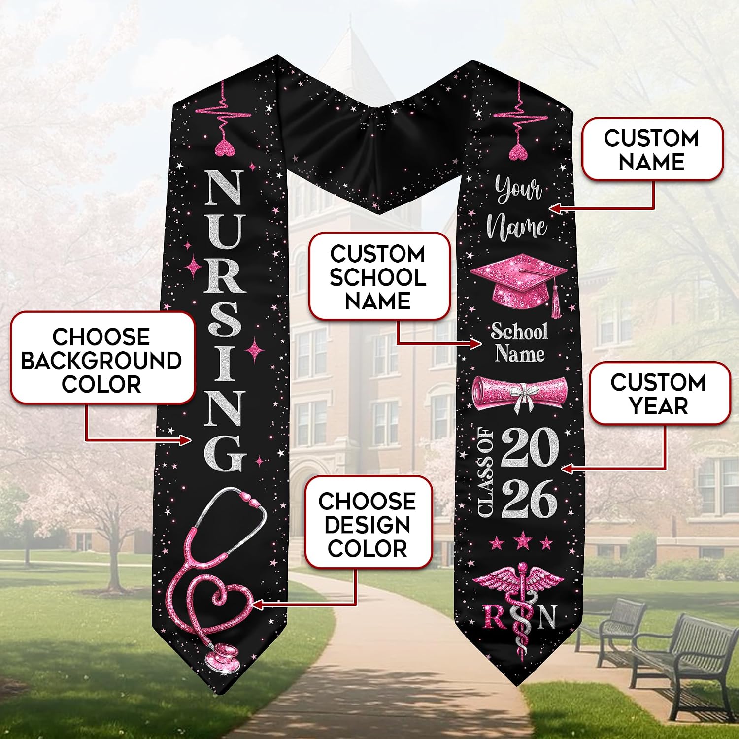Custom Nursing Stole Graduation, BSN Grad Sash, Rn Graduation Stole, Nurse Class of 2026 Sash