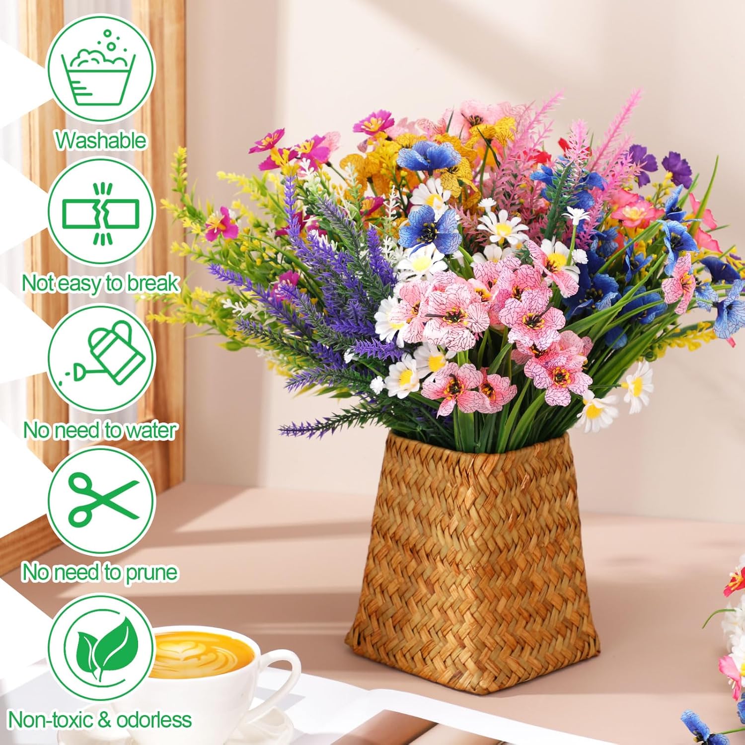 Thiccywoov 60 Bundles Outdoor Artificial Flowers Bulk: Artificial Plants 15 Styles UV Resistant Plastic Plants for Window Box Porch Patio Home Garden Decor(Classic,Green)