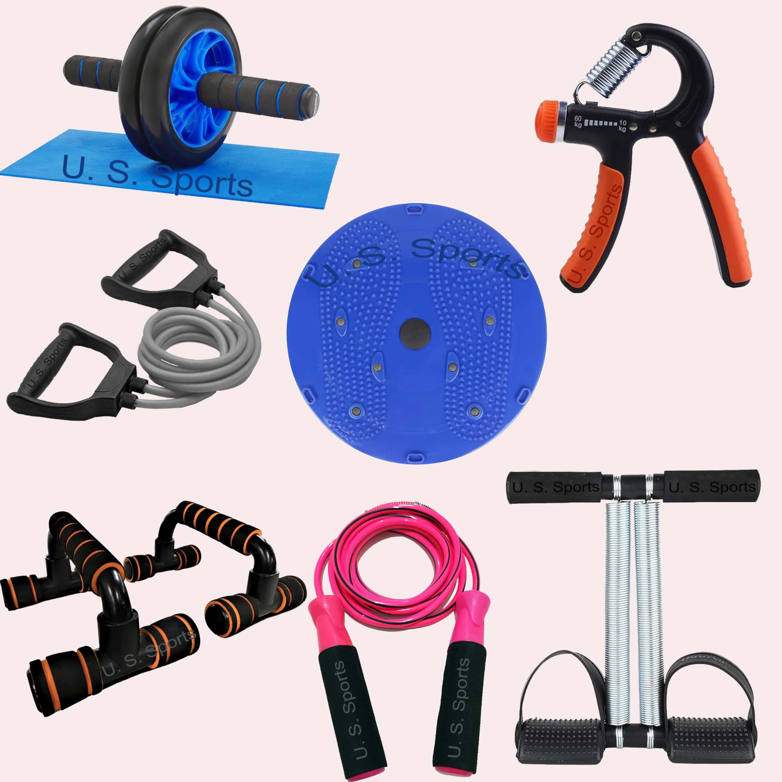 US Sports® Combo of 7-Pieces Home Fitness Set with AB Wheel, Twist Board, Push-Up Bars, Hand Gripper, Jump Rope, Toning Tube and Tummy Trimmer-image-16