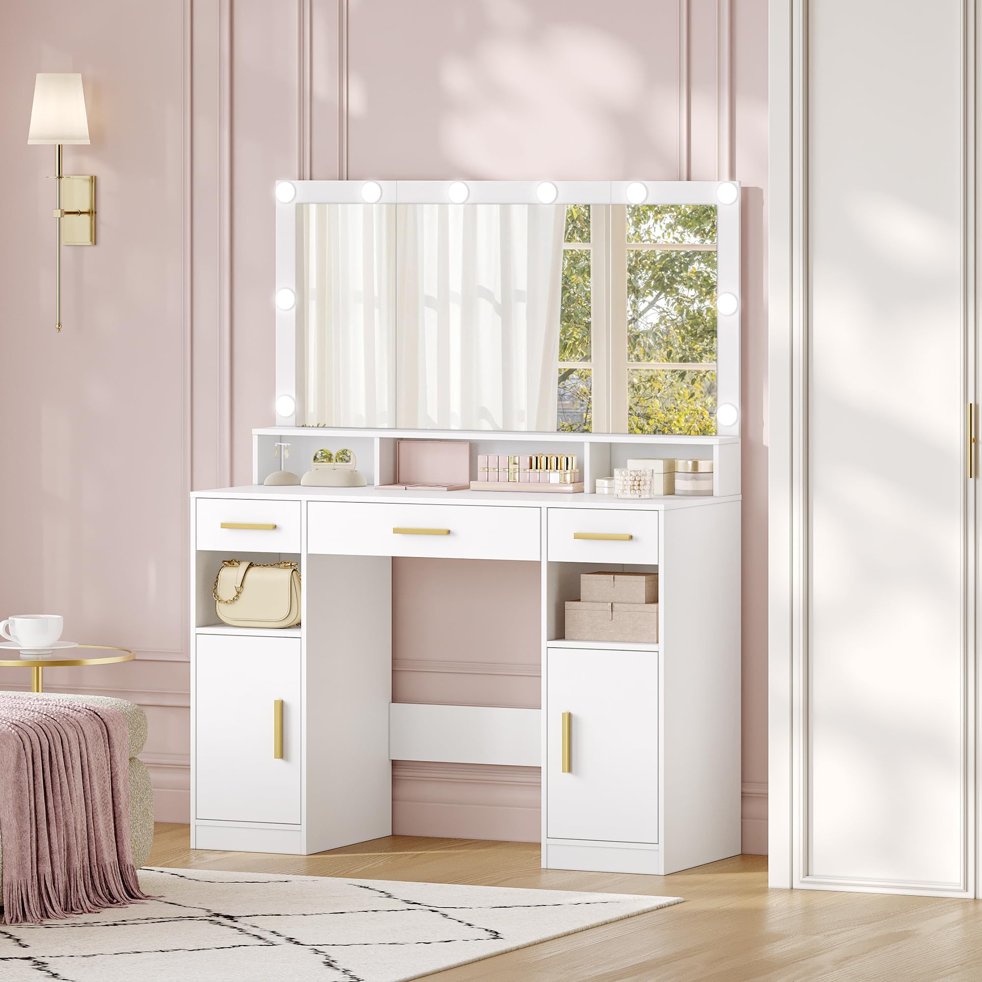 HEXCELEN 108cm Tocador de Maquillaje con Espejo Grande, Blanco