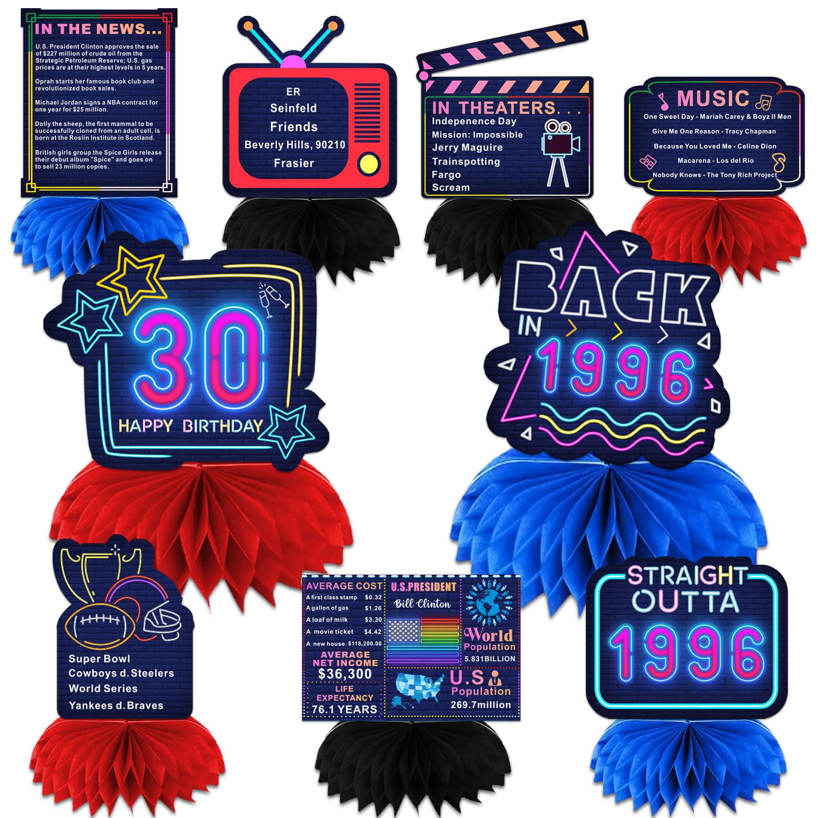 Back in 1996 Table Honeycomb Centerpieces Happy 30th Birthday Table Toppers Table Decorations 30th Gifts for Girls Women 30th Birthday Party Bday