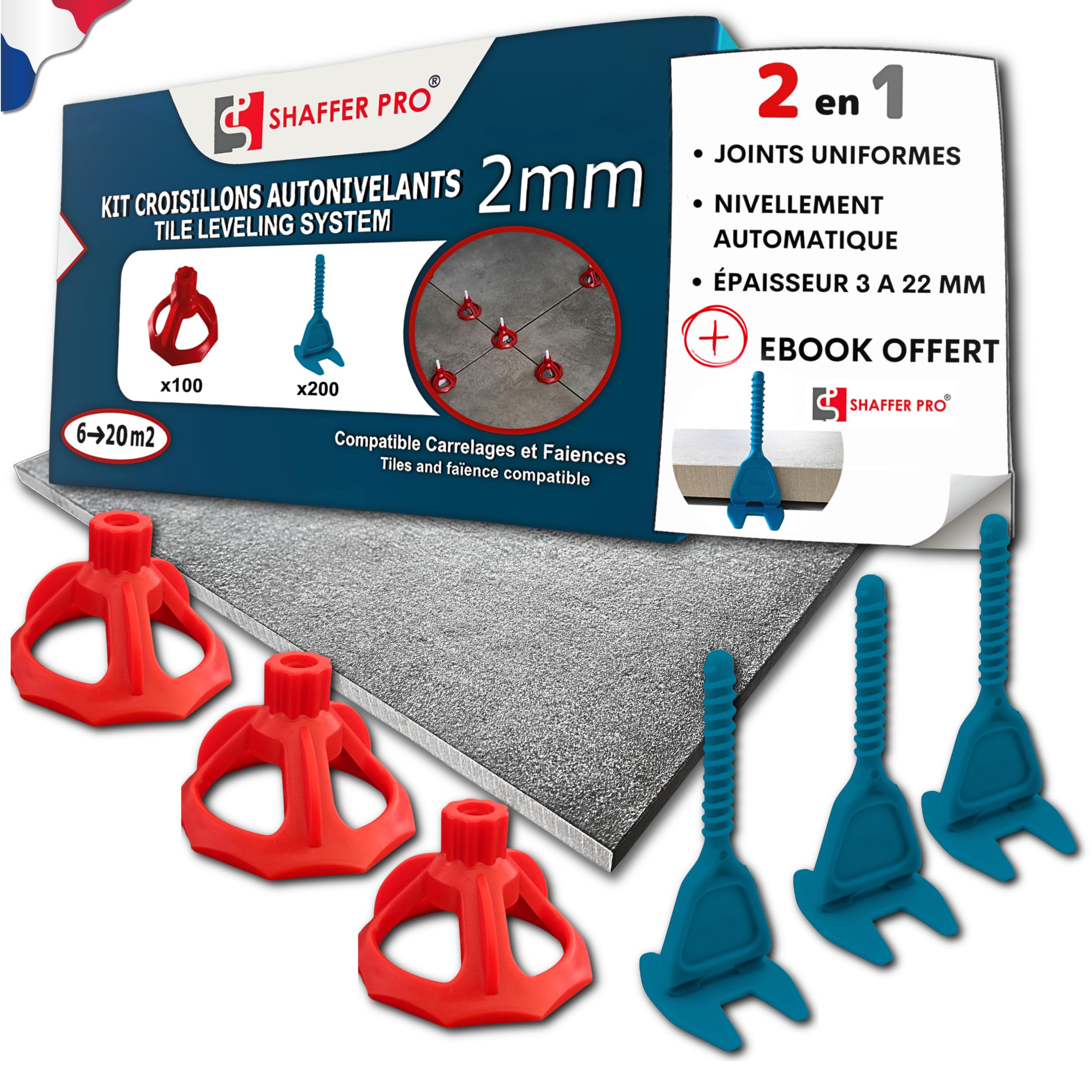 Crociere per piastrelle autolivellanti 2 mm | 200 clip + 100 quadranti riutilizzabili | 3-22 mm I Shaffer pro | compatibile 20 mm I sistema di livellamento a vite | aiuta la posa di piastrelle per