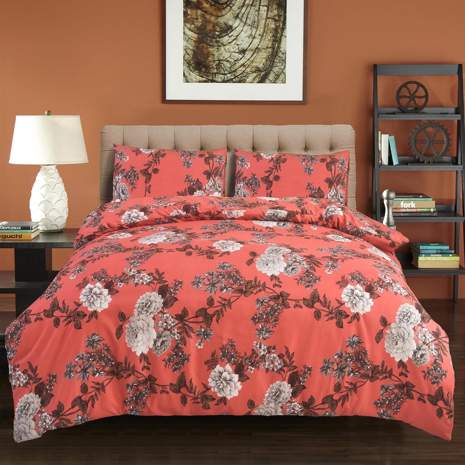 SAIMAZ 4 Piece Printed Bedding Set Duvet Cover, Deep Fitted Sheet & 2 Pillowcases Single, Double, King, Super King Sizes Soft Microfiber, Wrinkle-Resistant (King (U.K. Standard), Blossom Grey) — image 1