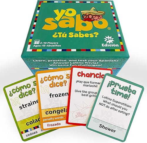 Vista 8 de Yo Sabo: Edición 1 - El juego de cartas bilingüe original - Aprende español con divertidas trivia y desafíos - Juego de mesa familiar con 160 cartas