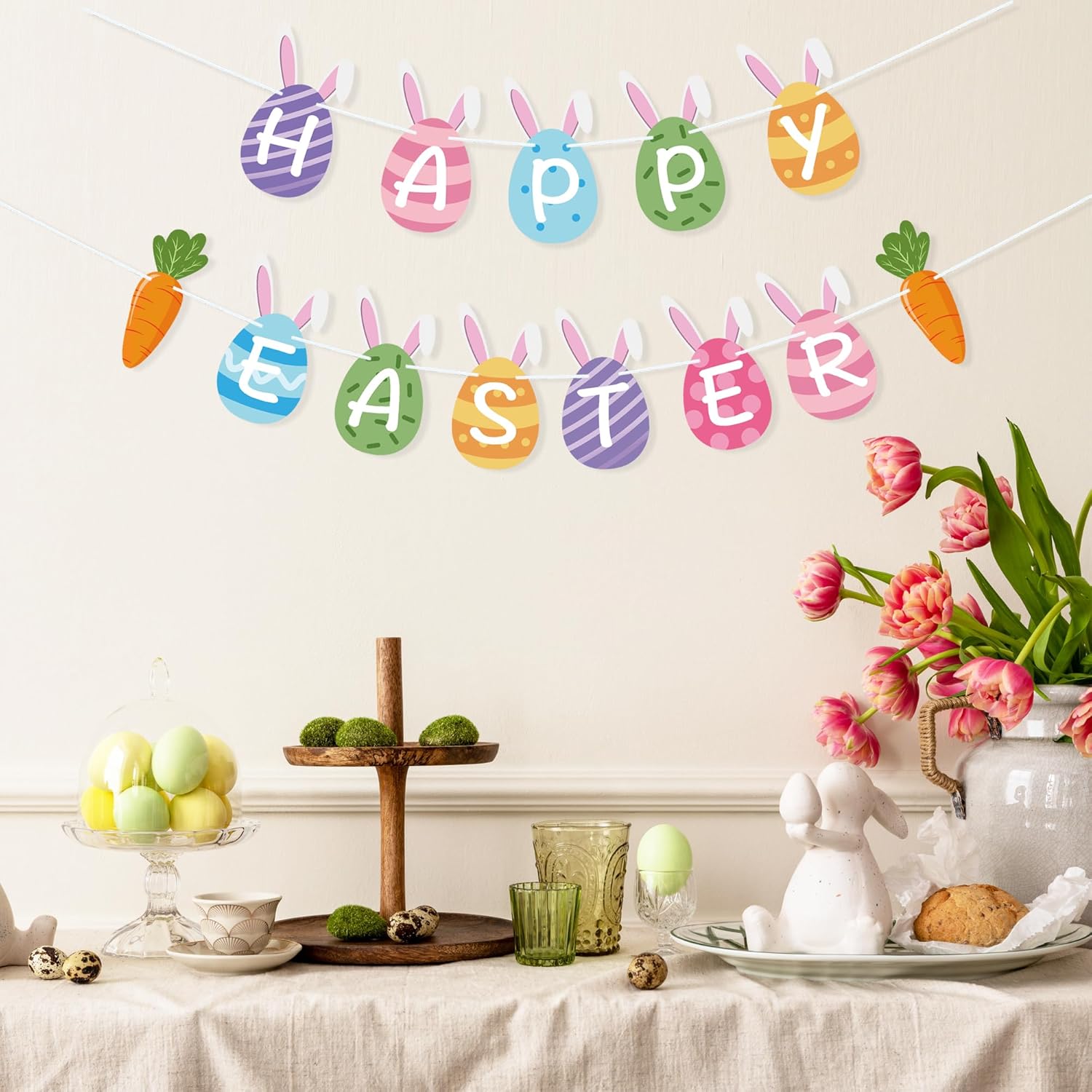 Happy Easter Banner Easter Mantle Fireplace Decorations, Egg Themed Easter Bunny Carrot Garland Spring Party Decorations Home Office Classroom Decor Easter Bunting
