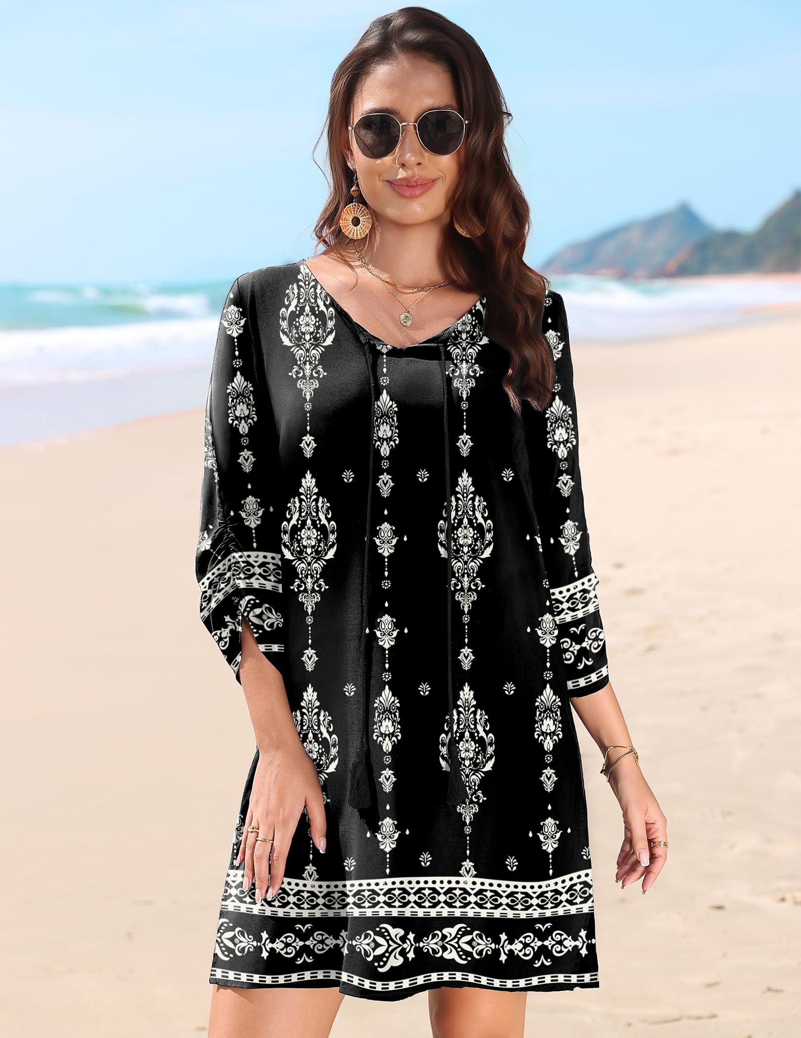 ZEAGOO Vestito Donna Estivo a Maniche a 3/4 Boho Chic Abito da Vacanza Casual Vestiti da Spiaggia S-XXL