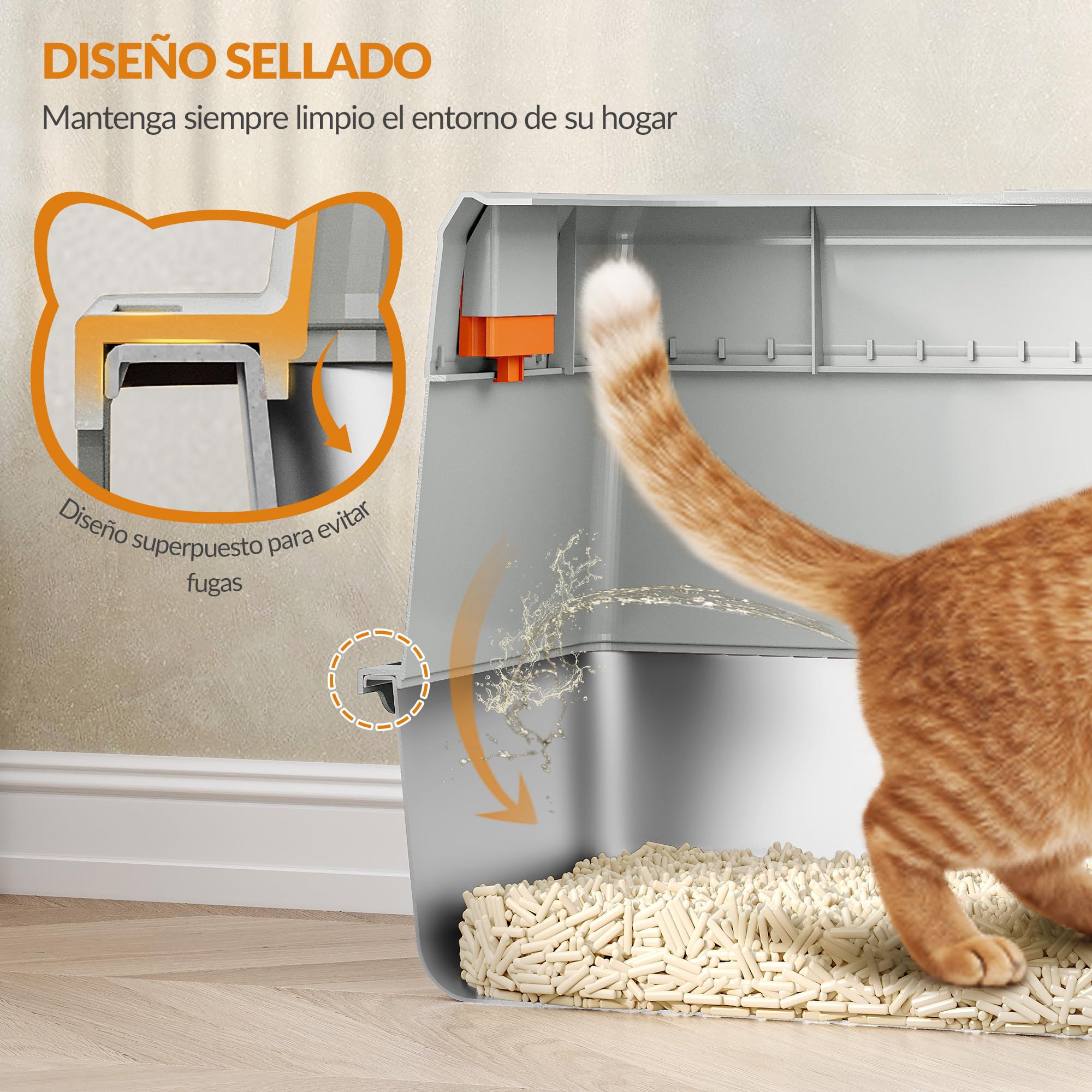 Arenero Acero Inoxidable Gatos XXL, 60 x 40 x 38 cm, Gris Claro | Caja Sanitaria Cerrada con Tapa, con Escalón y Pala, Fácil de Limpiar, Doble Entrada, Diseño Desmontable FPLB204SG1