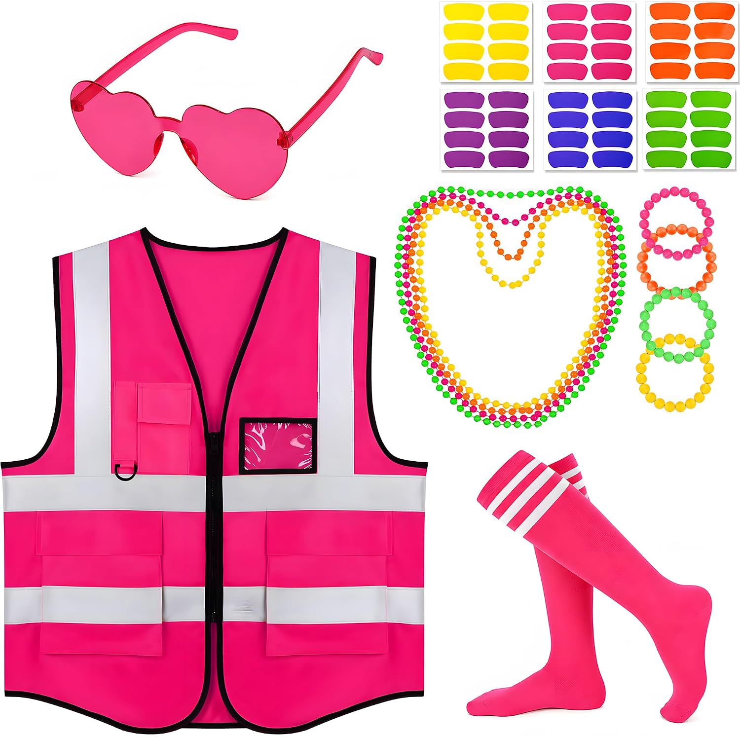 Halloween Neon Outfit Neon Theme Costume Reflective Vest Socks Glasses for Women Football Game Dress Up