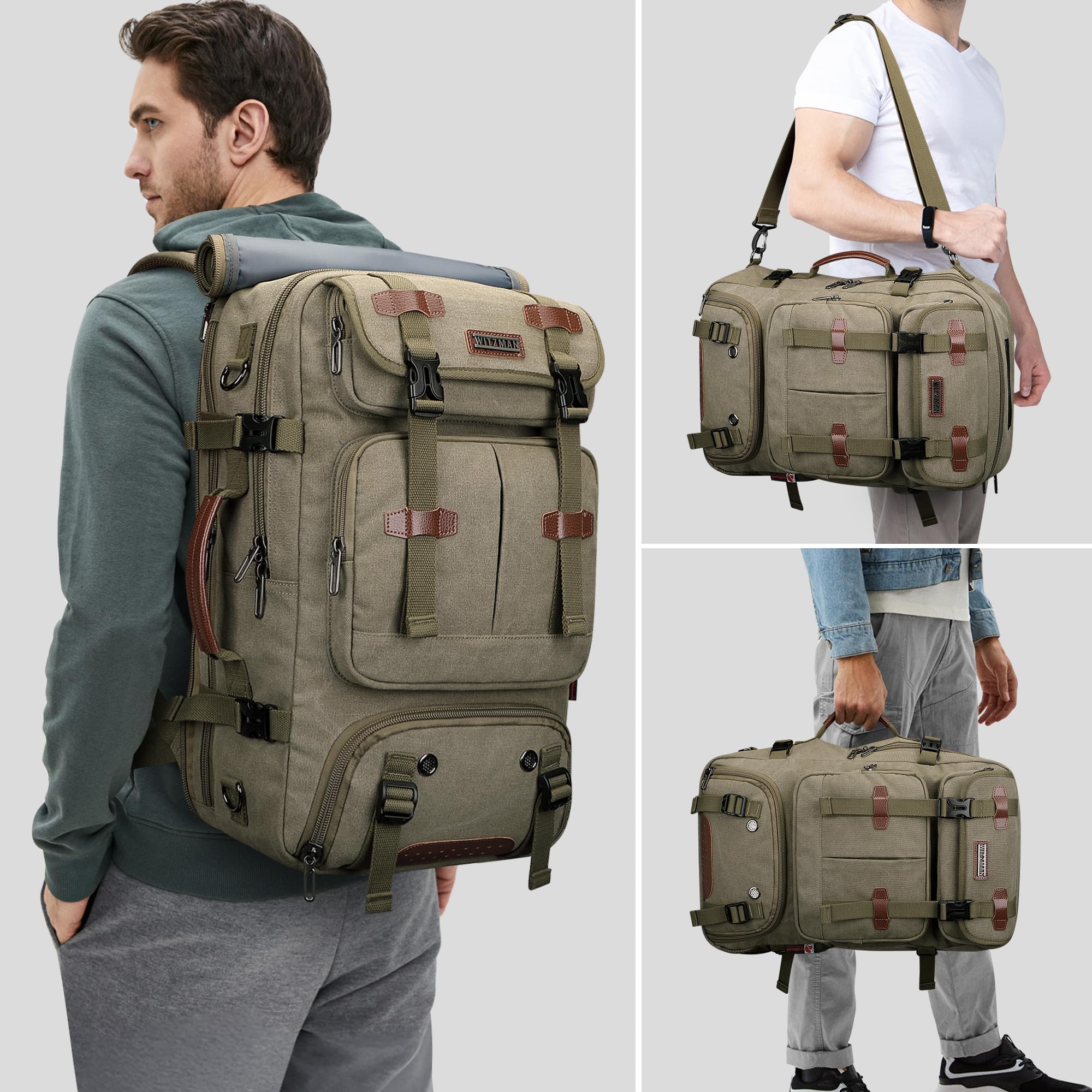 WITZMAN Canvas Reiserucksack Herren 40L Vintage 3-in-1 mit Laptopfach | USB-Anschluss, mehrere Fächer und flexible Tragemöglichkeiten, ideal für Reisen, Arbeit und Kurztrips, A8013 Armeegrün