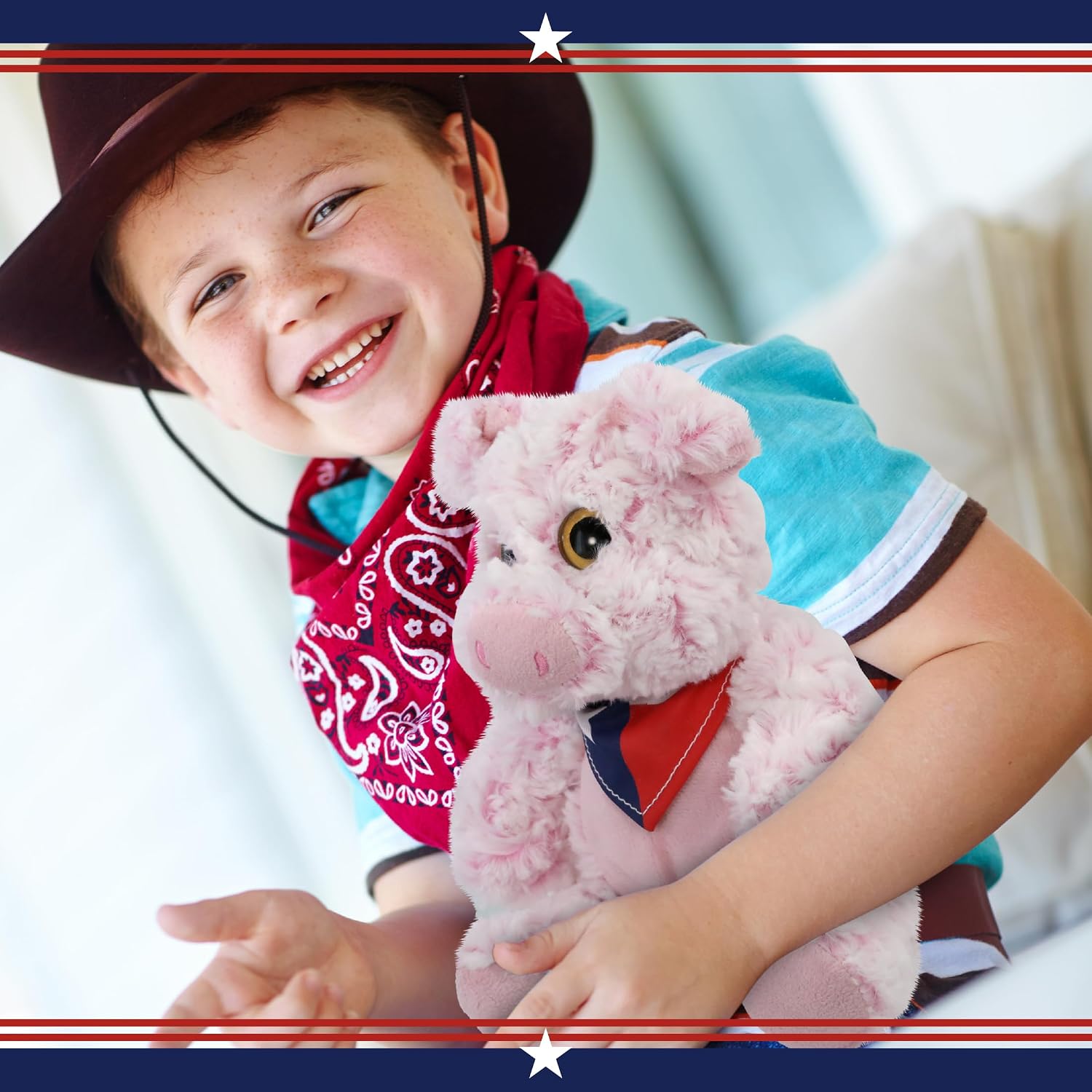 DolliBu Sitting Pig Stuffed Animal with Texas Flag Bandana and Name Personalization - Super Soft Texan Sitting Pig Patriotic Plush Toy - 9 Inches